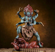 Brass Six Armed Mahakala Statue 25cm, Handcrafted Tibetan Buddhist Three Headed Wrathful Deity, Vajrayana Altar Decor Gift