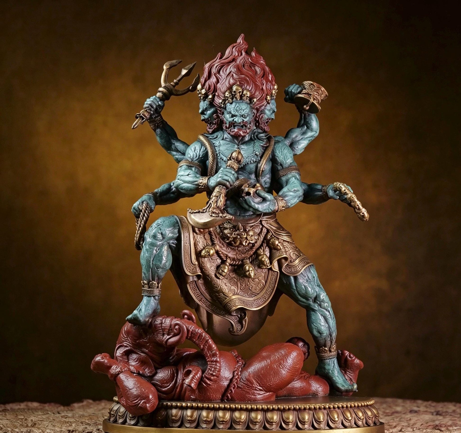 Brass Six Armed Mahakala Statue 25cm, Handcrafted Tibetan Buddhist Three Headed Wrathful Deity, Vajrayana Altar Decor Gift