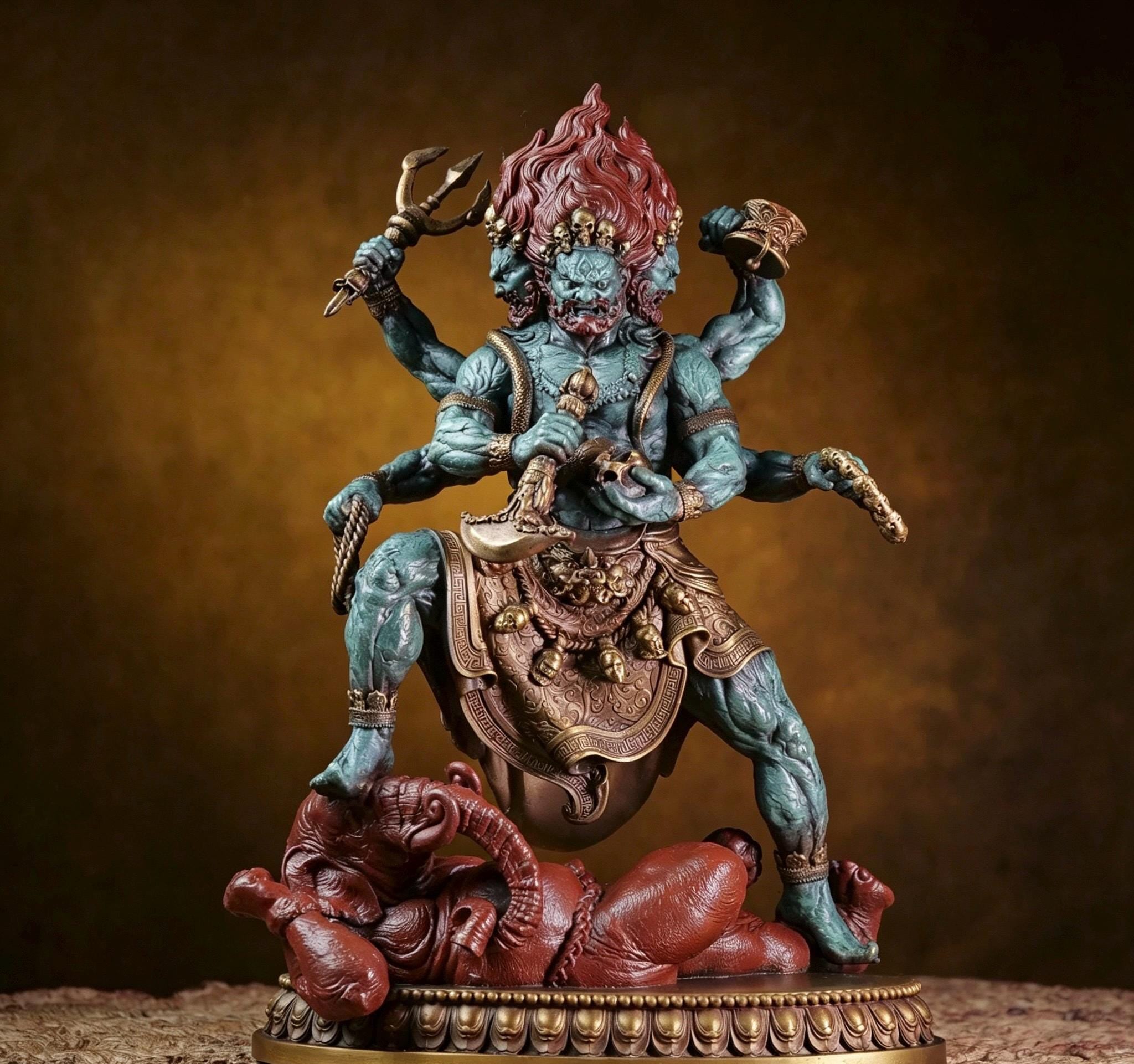 Brass Six Armed Mahakala Statue 25cm, Handcrafted Tibetan Buddhist Three Headed Wrathful Deity, Vajrayana Altar Decor Gift