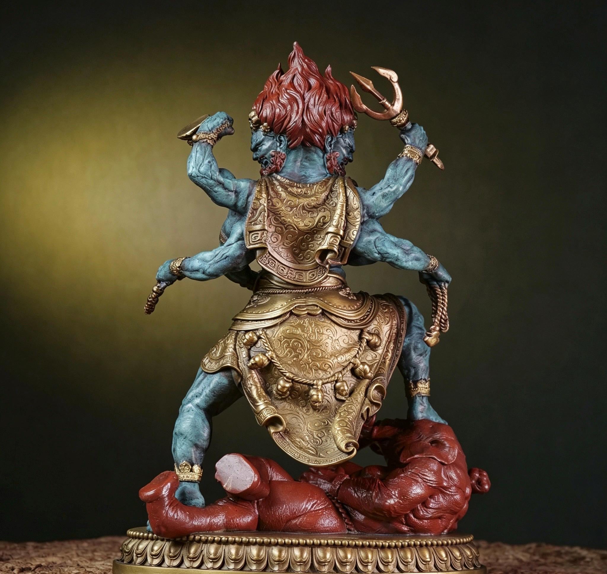 Brass Six Armed Mahakala Statue 25cm, Handcrafted Tibetan Buddhist Three Headed Wrathful Deity, Vajrayana Altar Decor Gift