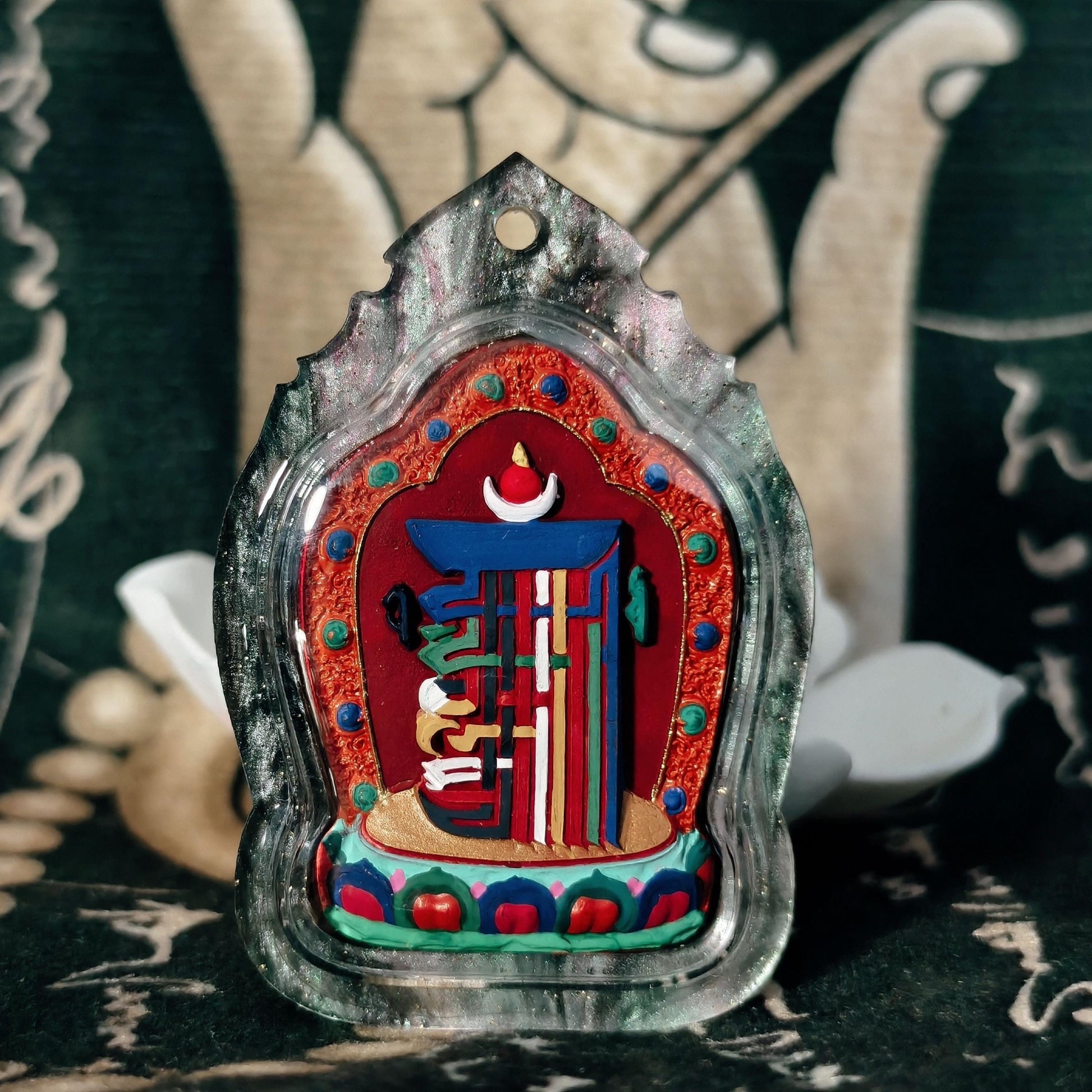 Handpainted Kalachakra Tenfold Powerful Syllable Tsa Tsa Pendant, Tibetan Amulet, Waterproof Acrylic Case Buddhist Protection Gift
