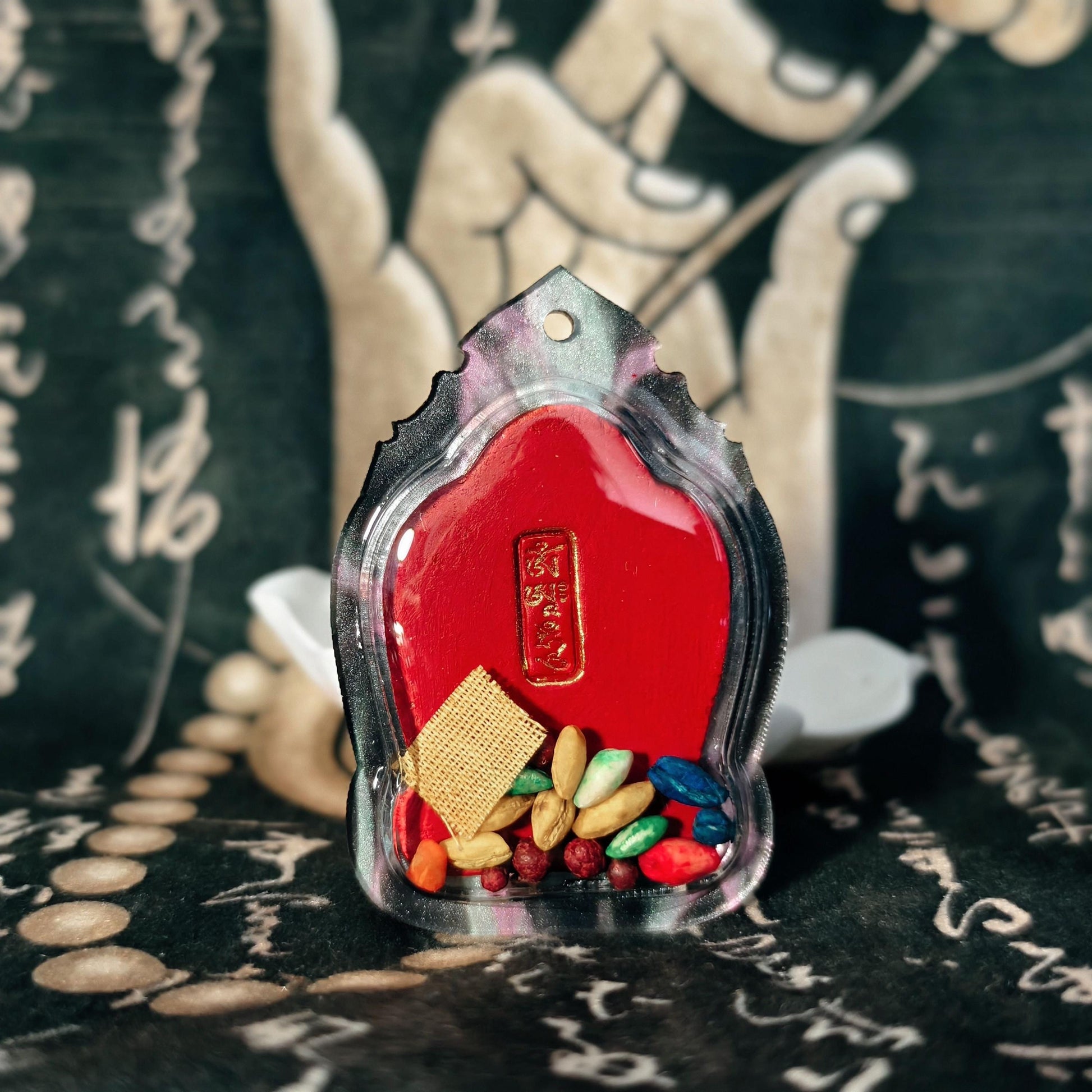 Handpainted Kalachakra Tenfold Powerful Syllable Tsa Tsa Pendant, Tibetan Amulet, Waterproof Acrylic Case Buddhist Protection Gift