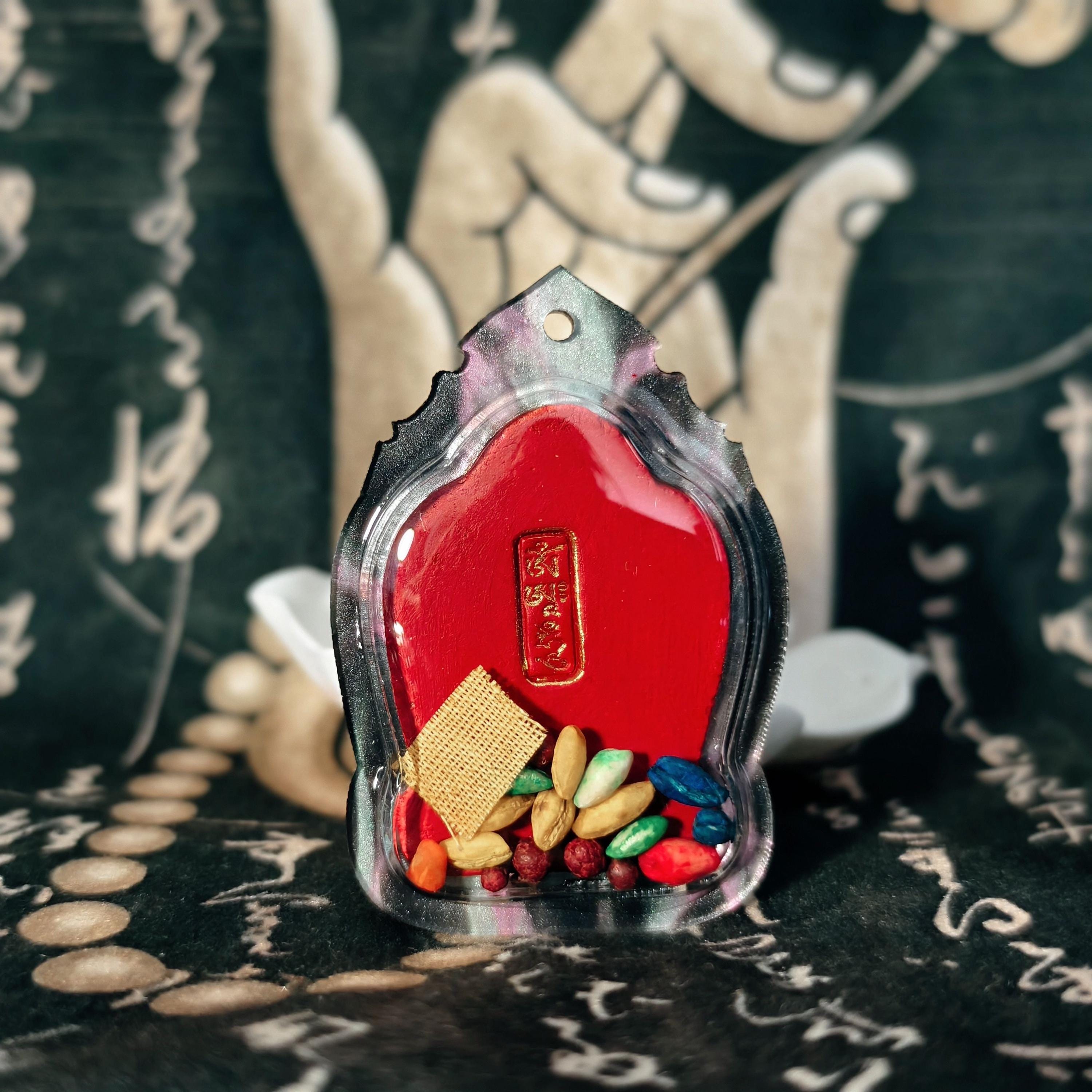 Handpainted Kalachakra Tenfold Powerful Syllable Tsa Tsa Pendant, Tibetan Amulet, Waterproof Acrylic Case Buddhist Protection Gift