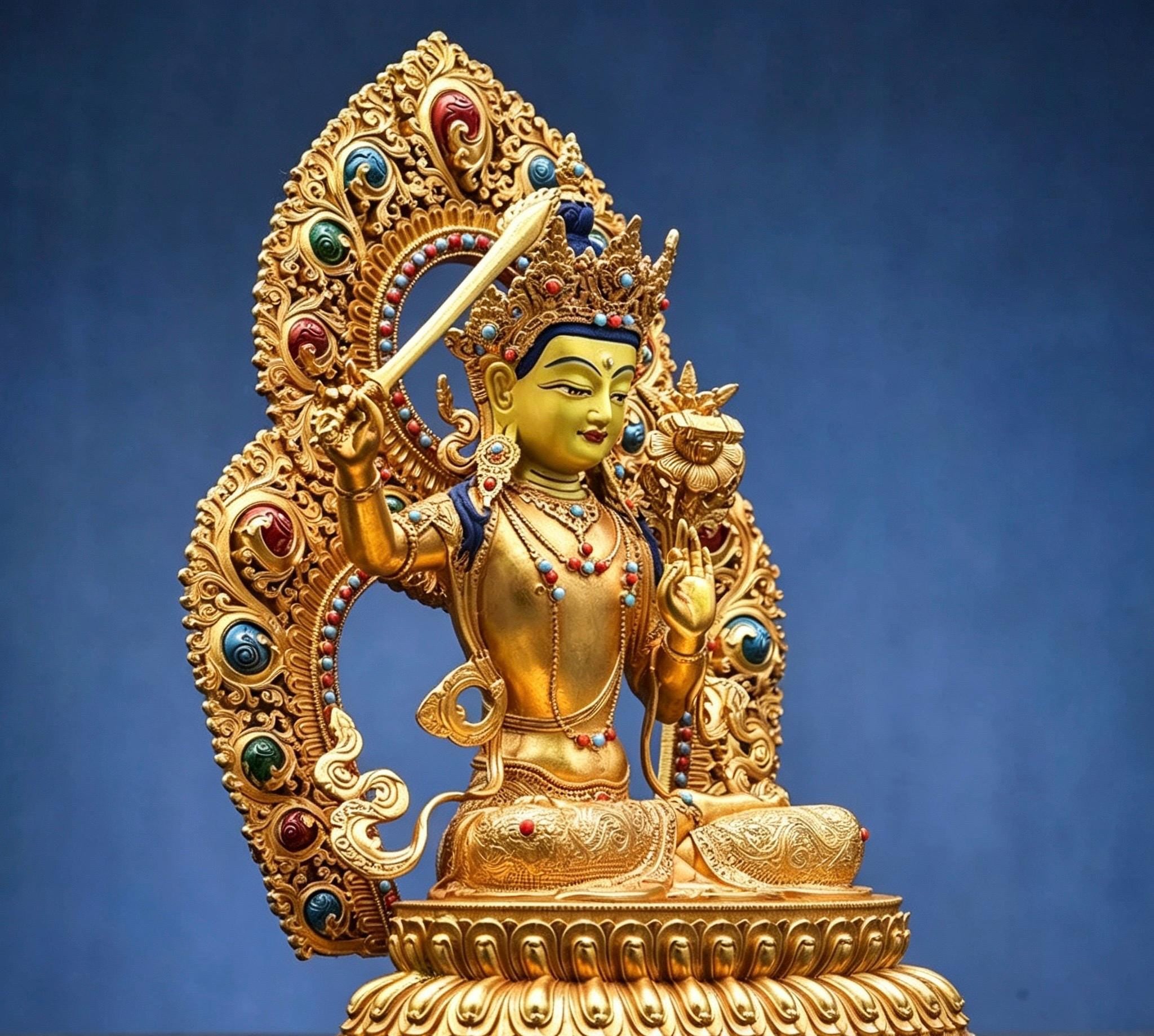 Tibetan Gilt Copper Manjushri Buddha Statue, Handcrafted Brass Manjushri Bodhisattva with Aureole, Tantric Shrine Sculpture Altar Decor