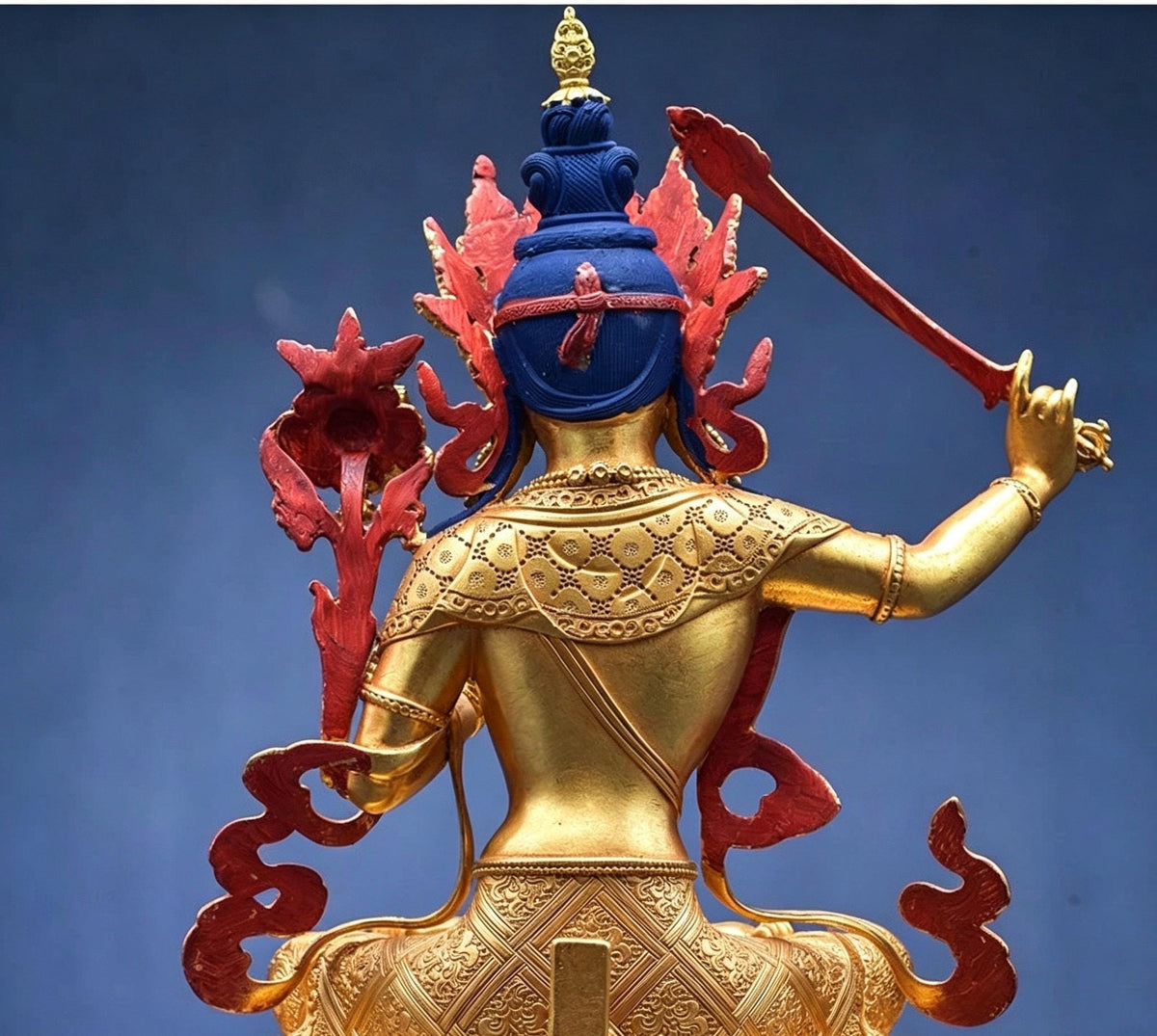 Tibetan Gilt Copper Manjushri Buddha Statue, Handcrafted Brass Manjushri Bodhisattva with Aureole, Tantric Shrine Sculpture Altar Decor
