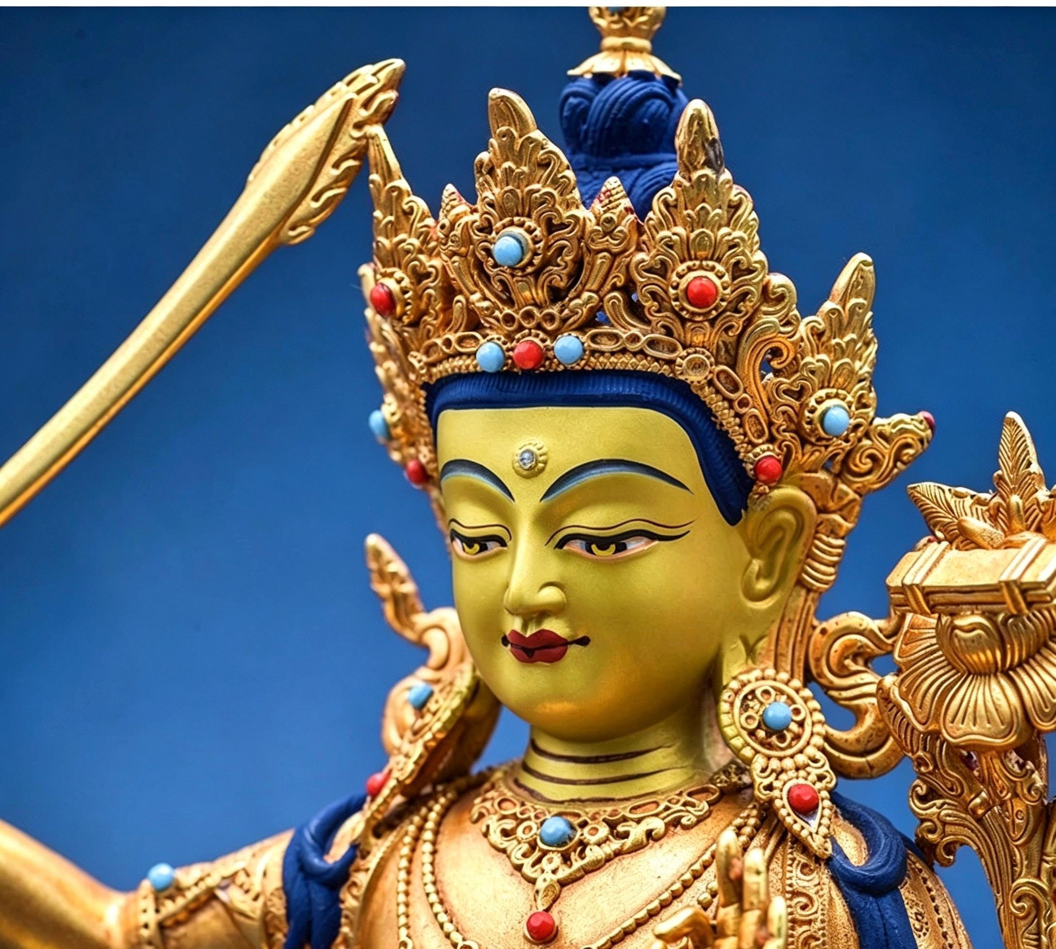Tibetan Gilt Copper Manjushri Buddha Statue, Handcrafted Brass Manjushri Bodhisattva with Aureole, Tantric Shrine Sculpture Altar Decor