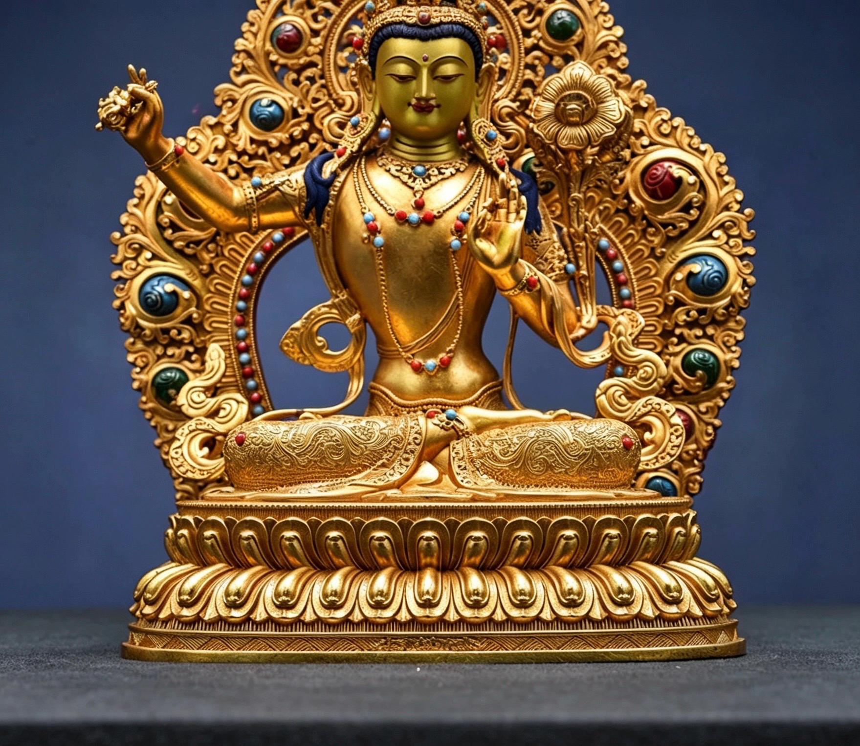 Tibetan Gilt Copper Manjushri Buddha Statue, Handcrafted Brass Manjushri Bodhisattva with Aureole, Tantric Shrine Sculpture Altar Decor
