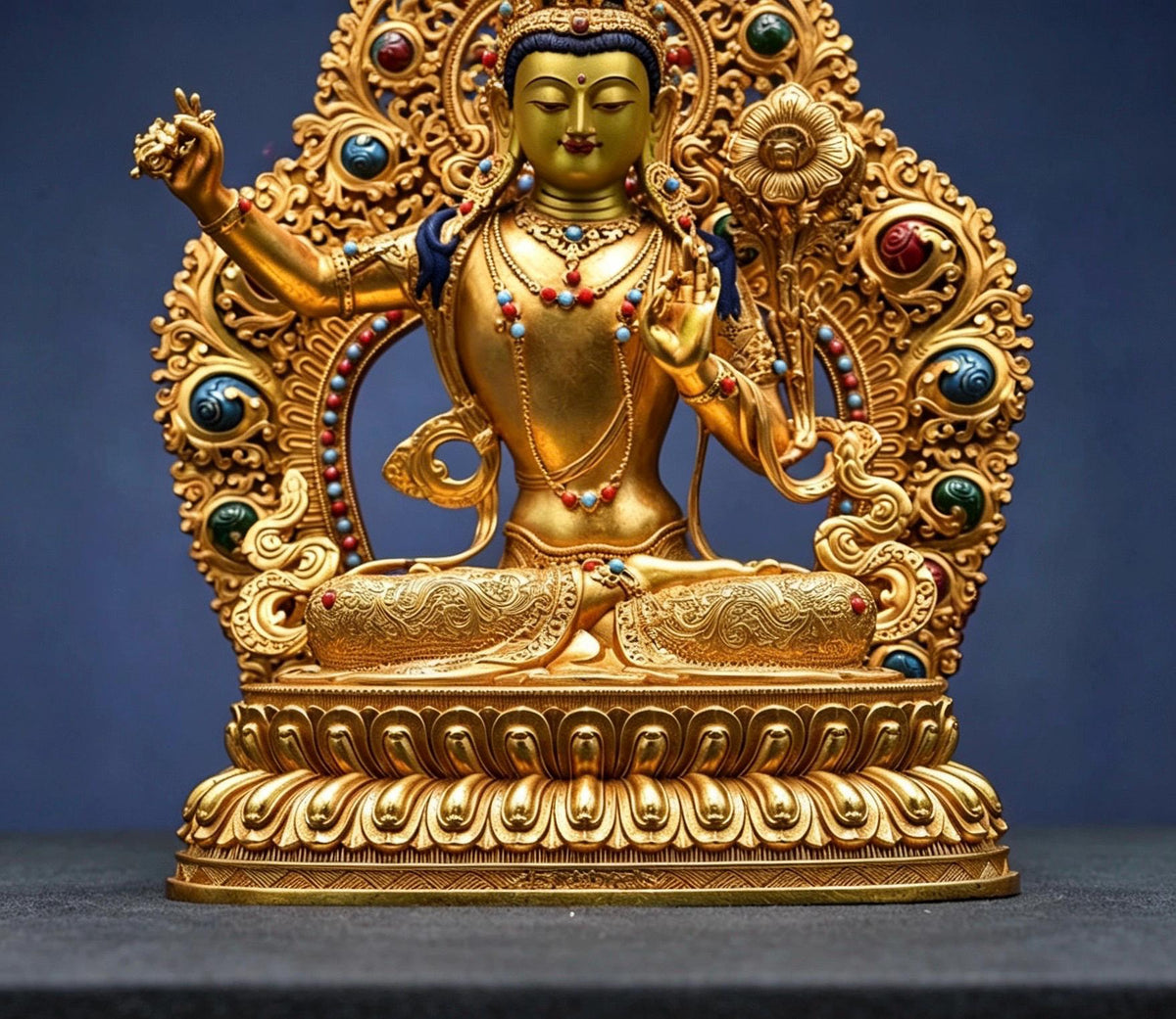 Tibetan Gilt Copper Manjushri Buddha Statue, Handcrafted Brass Manjushri Bodhisattva with Aureole, Tantric Shrine Sculpture Altar Decor