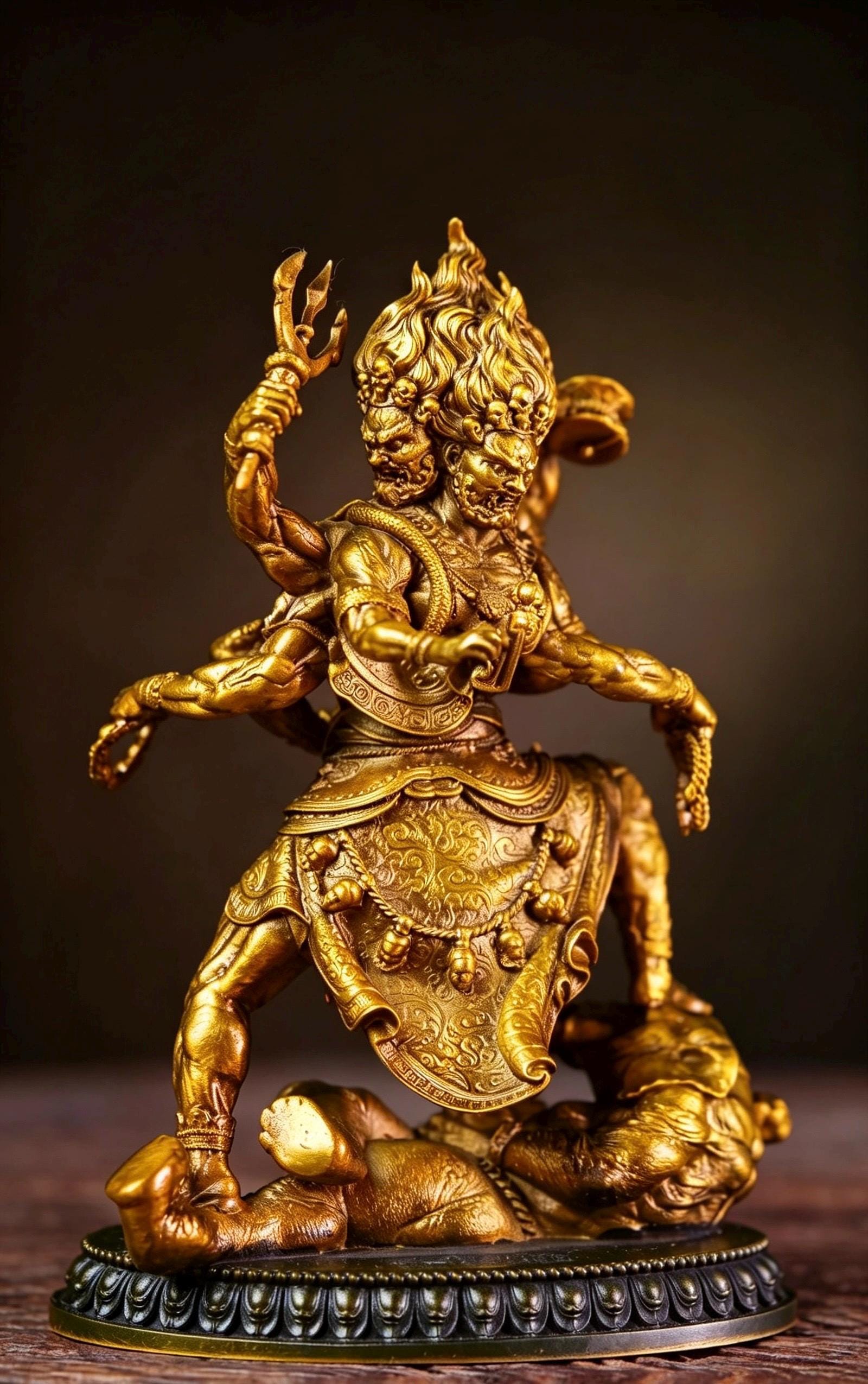 Brass Six Armed Mahakala Statue 10cm, Mini Tibetan Buddhist Three Headed Wrathful Deity, Portable Vajrayana Shrine Decor Gift