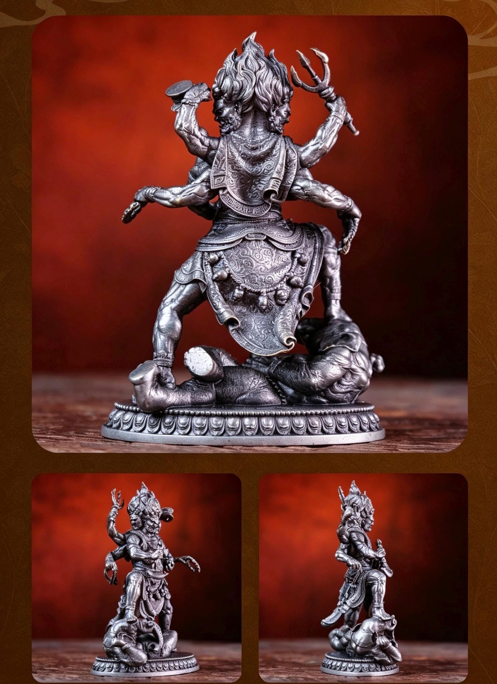 Brass Six Armed Mahakala Statue 10cm, Mini Tibetan Buddhist Three Headed Wrathful Deity, Portable Vajrayana Shrine Decor Gift