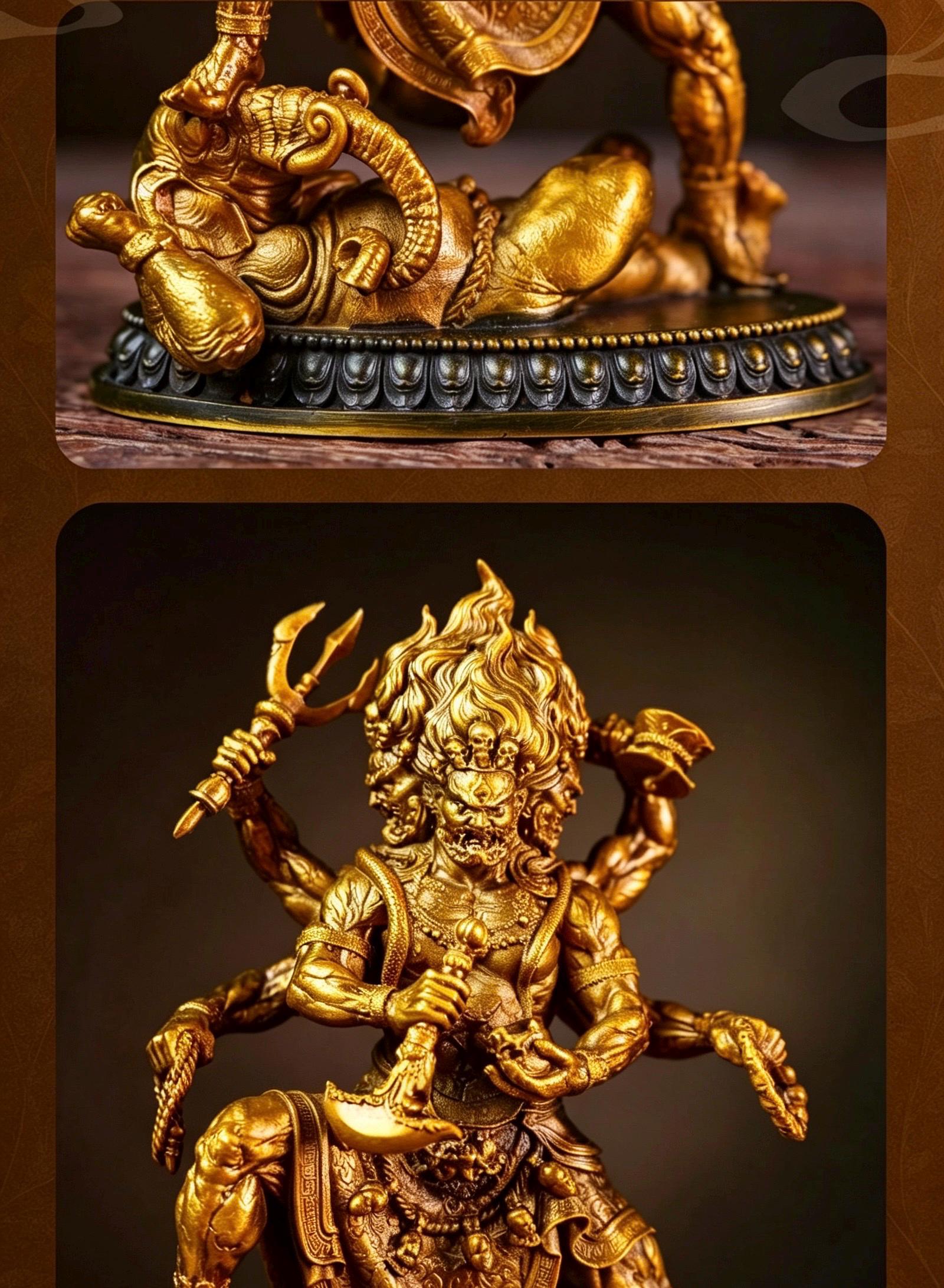 Brass Six Armed Mahakala Statue 10cm, Mini Tibetan Buddhist Three Headed Wrathful Deity, Portable Vajrayana Shrine Decor Gift