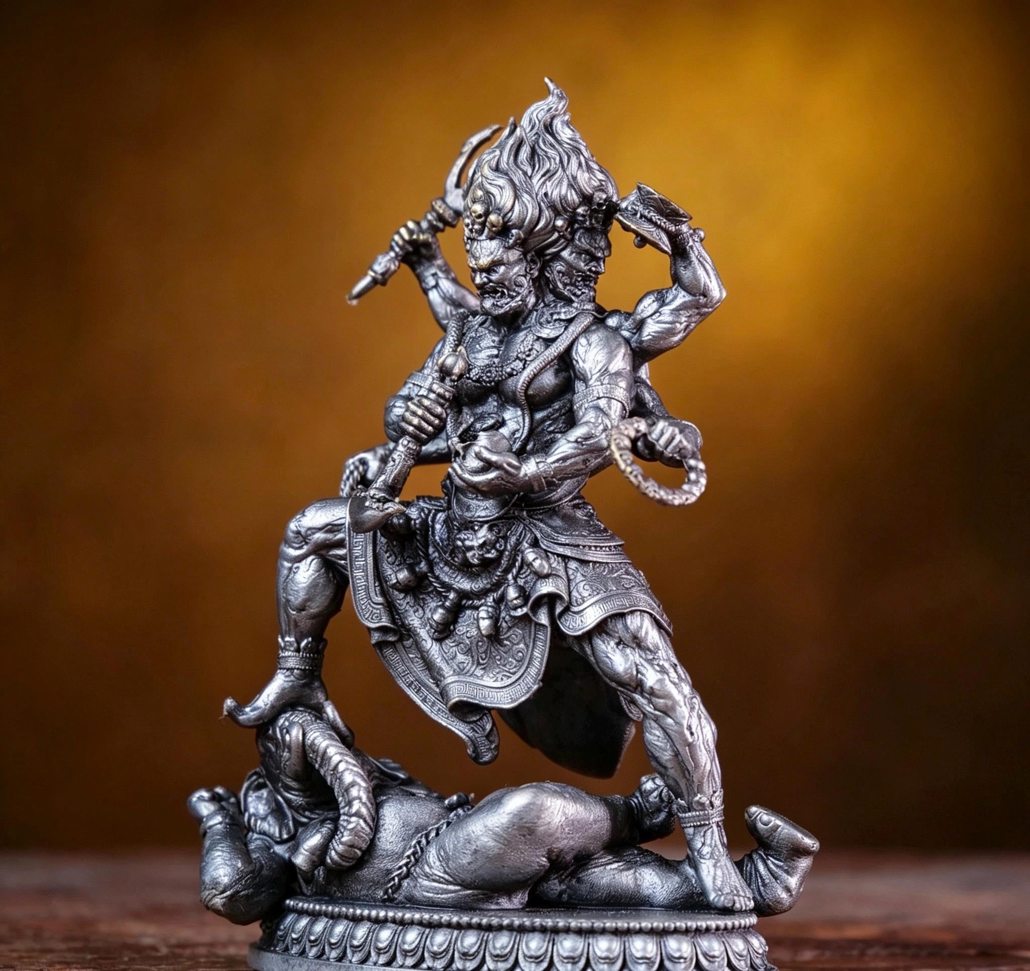 Brass Six Armed Mahakala Statue 10cm, Mini Tibetan Buddhist Three Headed Wrathful Deity, Portable Vajrayana Shrine Decor Gift