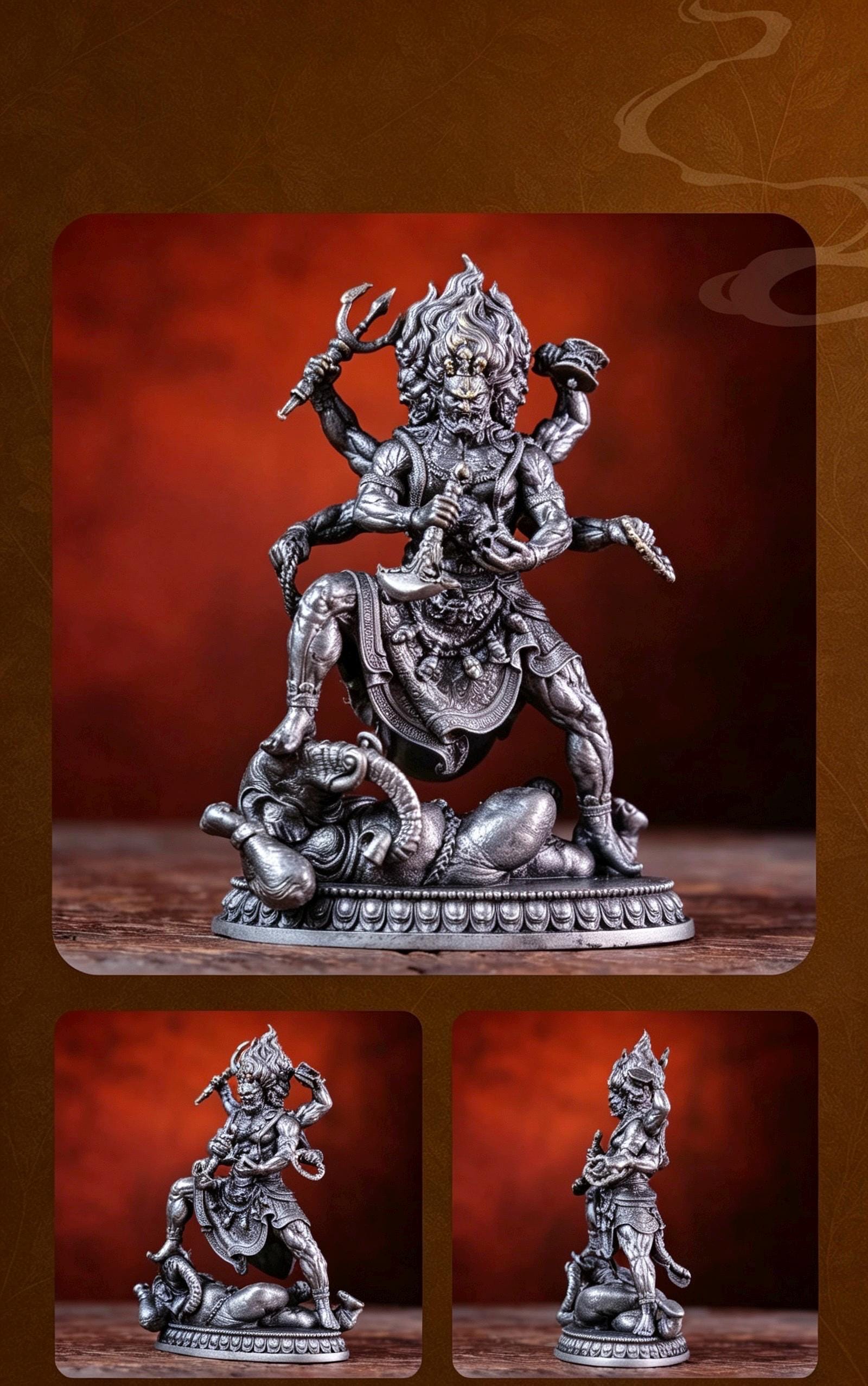 Brass Six Armed Mahakala Statue 10cm, Mini Tibetan Buddhist Three Headed Wrathful Deity, Portable Vajrayana Shrine Decor Gift
