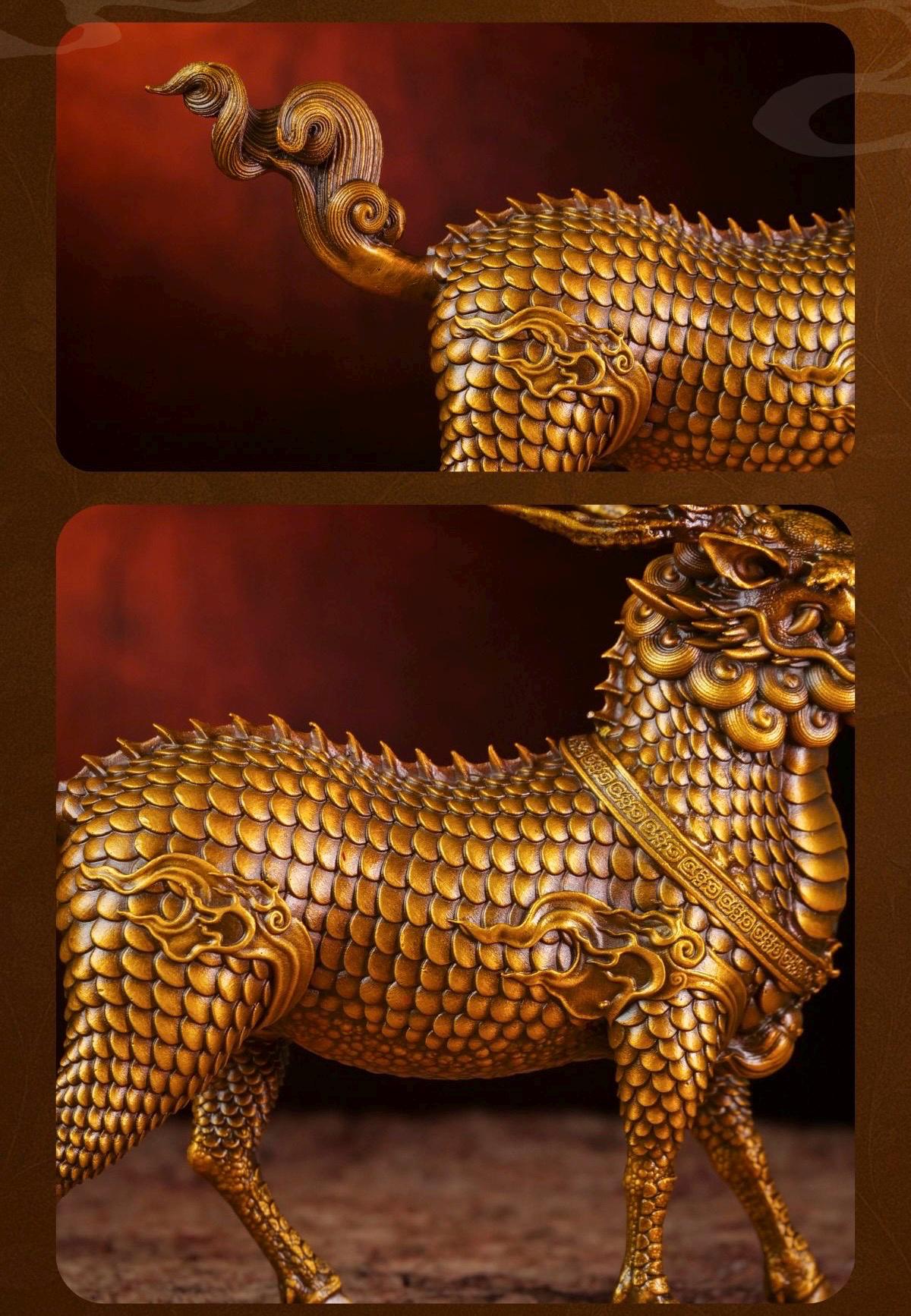 Brass Kylin Statue, Handcrafted Chinese Qilin Sculpture, Feng Shui Mythical Beast Figurine, Office Desk Decor Housewarming Business Gift