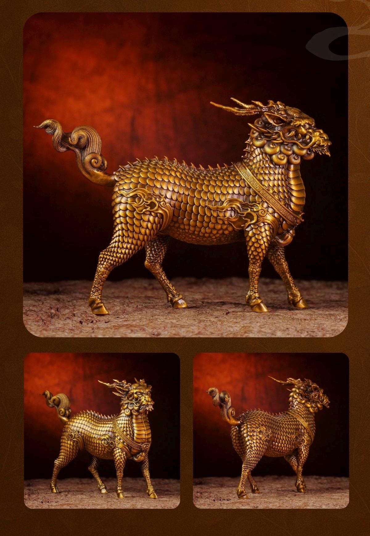 Brass Kylin Statue, Handcrafted Chinese Qilin Sculpture, Feng Shui Mythical Beast Figurine, Office Desk Decor Housewarming Business Gift