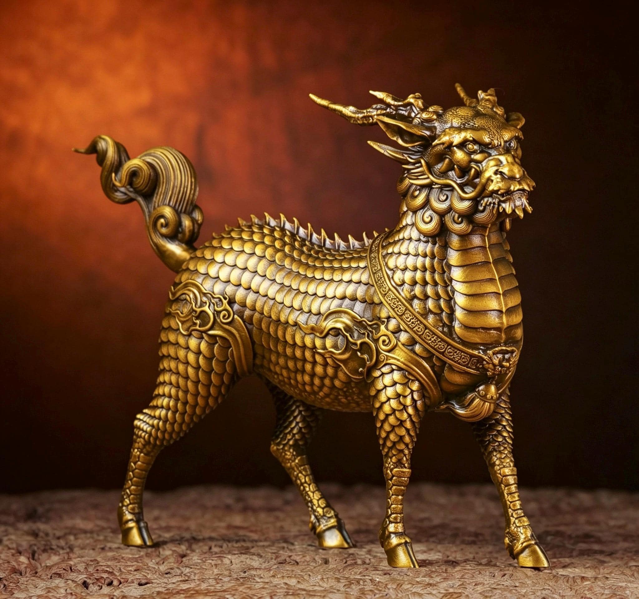 Brass Kylin Statue, Handcrafted Chinese Qilin Sculpture, Feng Shui Mythical Beast Figurine, Office Desk Decor Housewarming Business Gift