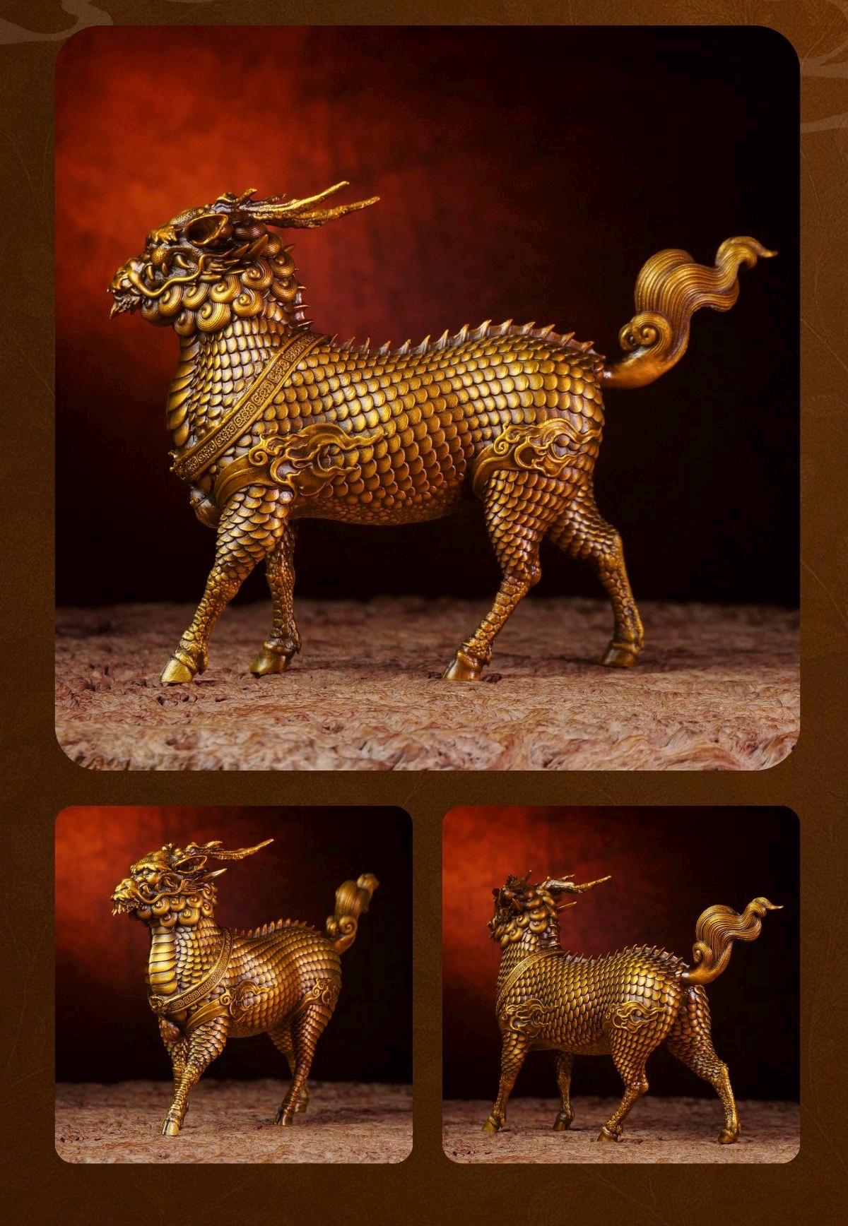 Brass Kylin Statue, Handcrafted Chinese Qilin Sculpture, Feng Shui Mythical Beast Figurine, Office Desk Decor Housewarming Business Gift