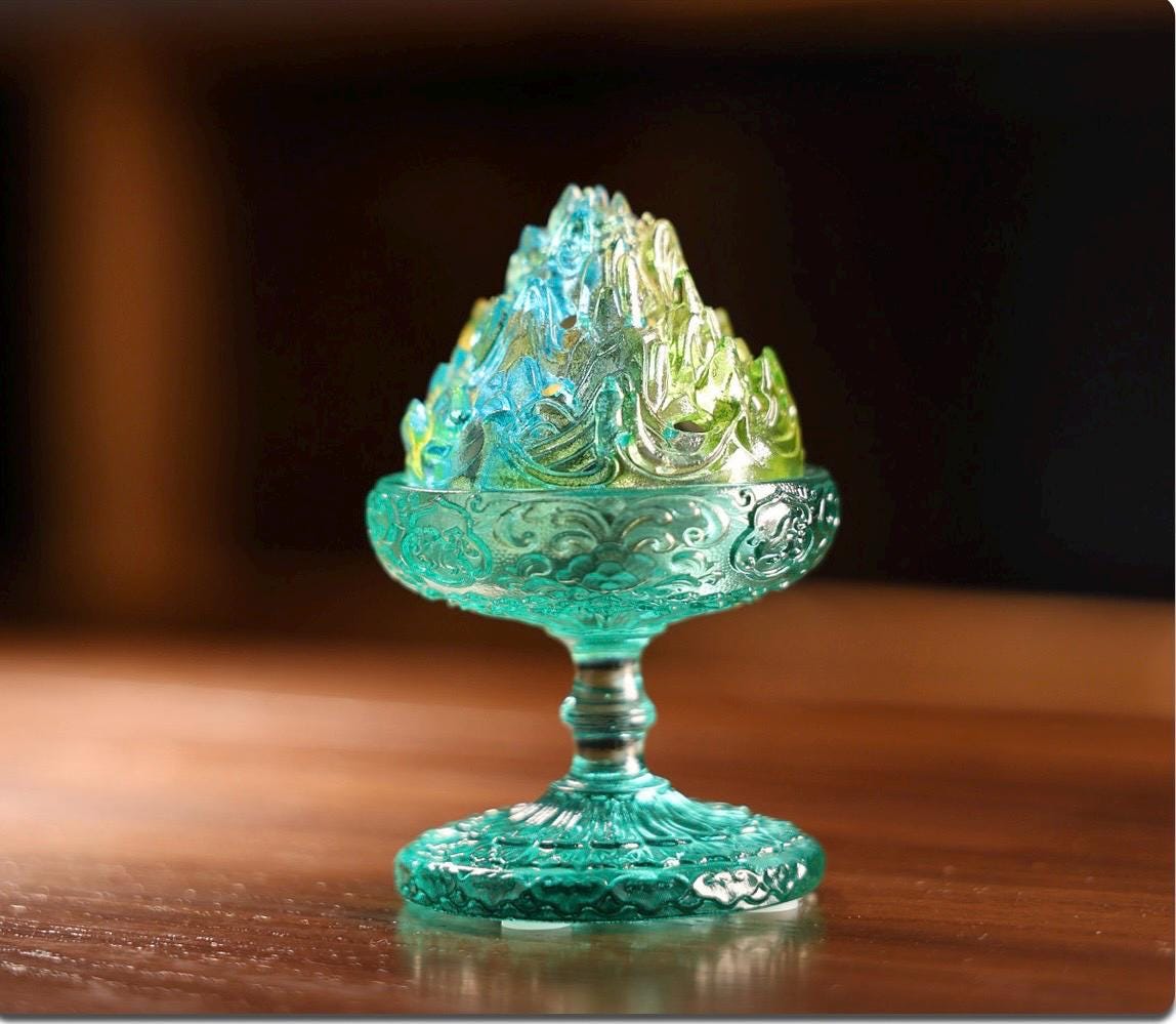 Chinese Colored Glaze Boshan Censer, Mountain Incense Burner, Glass Boshanlu Tea Room Desk Decor Meditation Gift