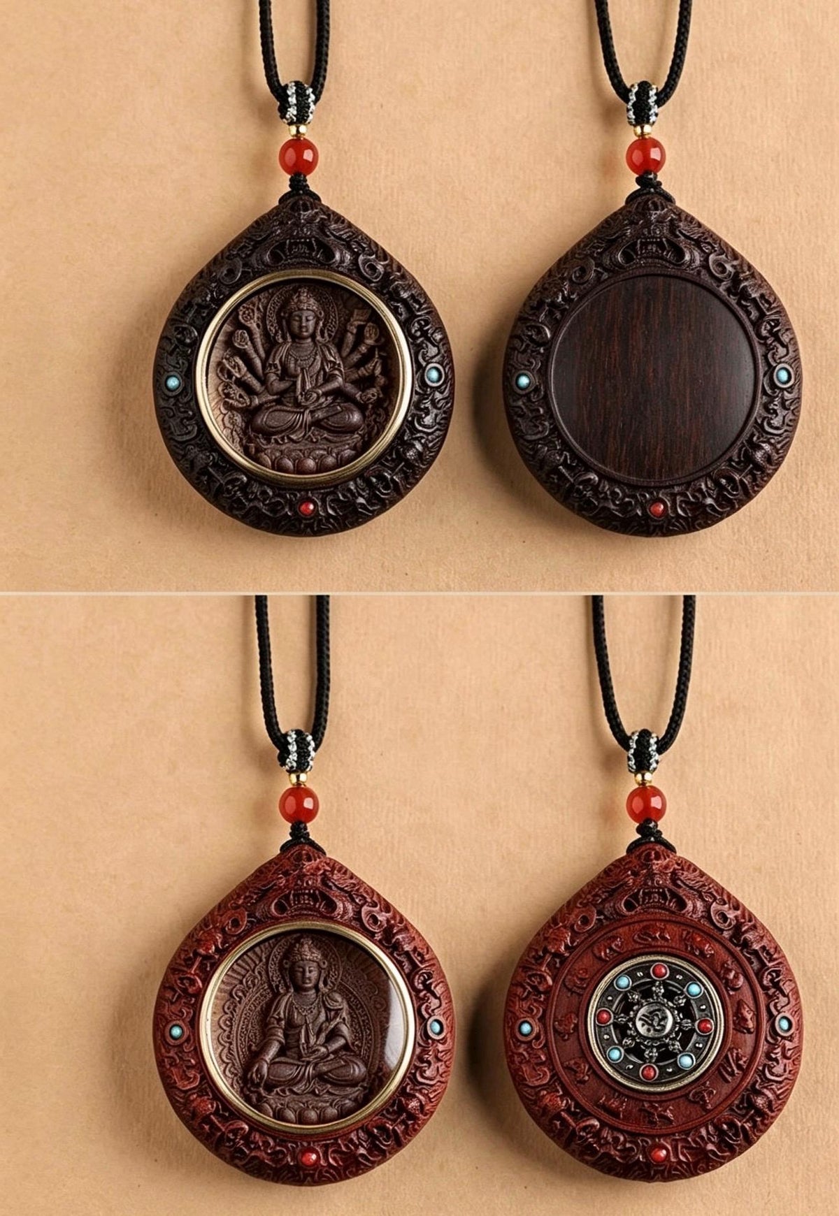 Rosewood Bodhisattva Pendant Necklace, Inlaid Boxwood Guardian Amulet, Red Agate Chinese Zodiac Protection Mascot, Spiritual Gift
