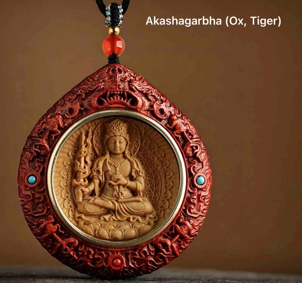 Rosewood Bodhisattva Pendant Necklace, Inlaid Boxwood Guardian Amulet, Red Agate Chinese Zodiac Protection Mascot, Spiritual Gift