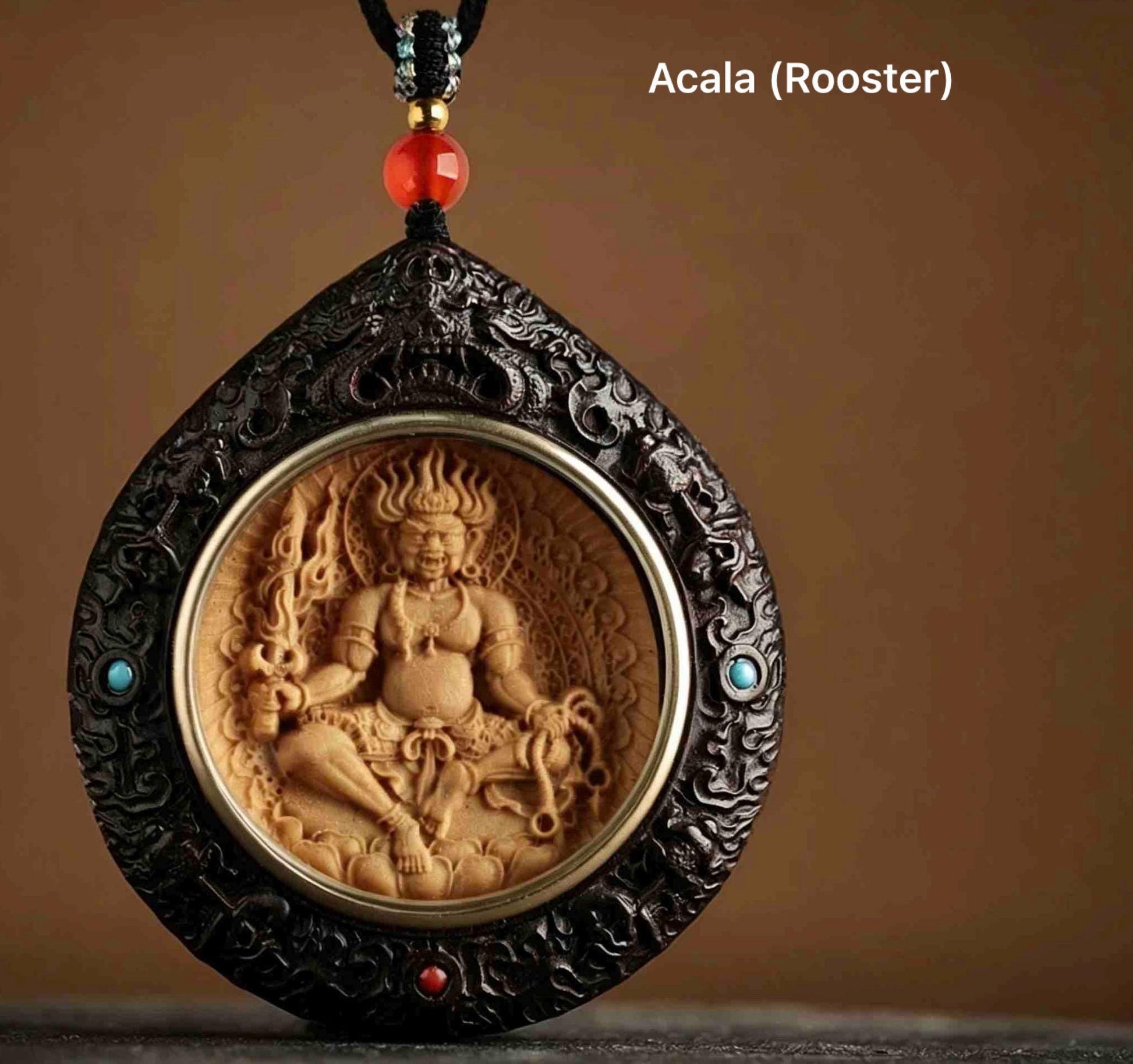 Rosewood Bodhisattva Pendant Necklace, Inlaid Boxwood Guardian Amulet, Red Agate Chinese Zodiac Protection Mascot, Spiritual Gift