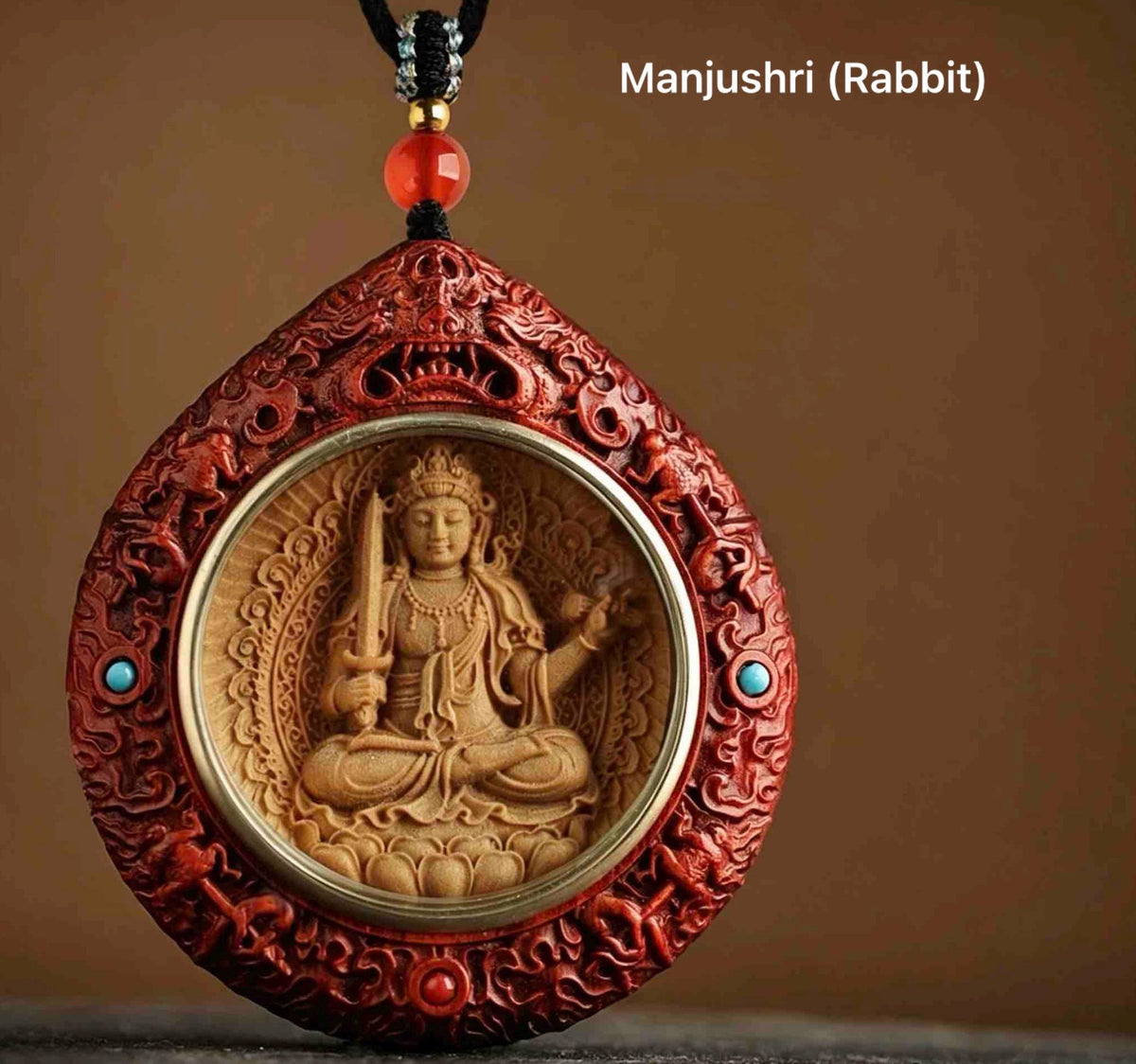 Rosewood Bodhisattva Pendant Necklace, Inlaid Boxwood Guardian Amulet, Red Agate Chinese Zodiac Protection Mascot, Spiritual Gift