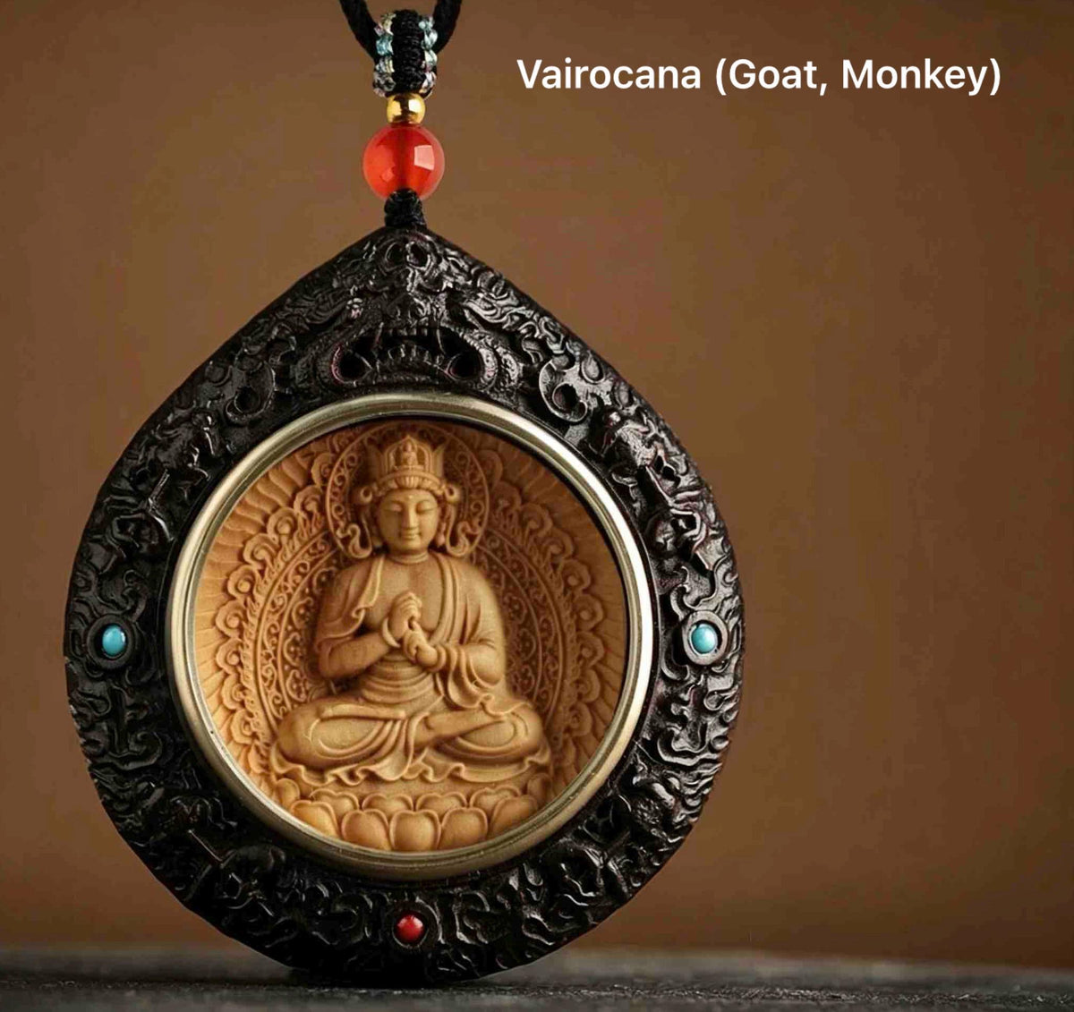 Rosewood Bodhisattva Pendant Necklace, Inlaid Boxwood Guardian Amulet, Red Agate Chinese Zodiac Protection Mascot, Spiritual Gift