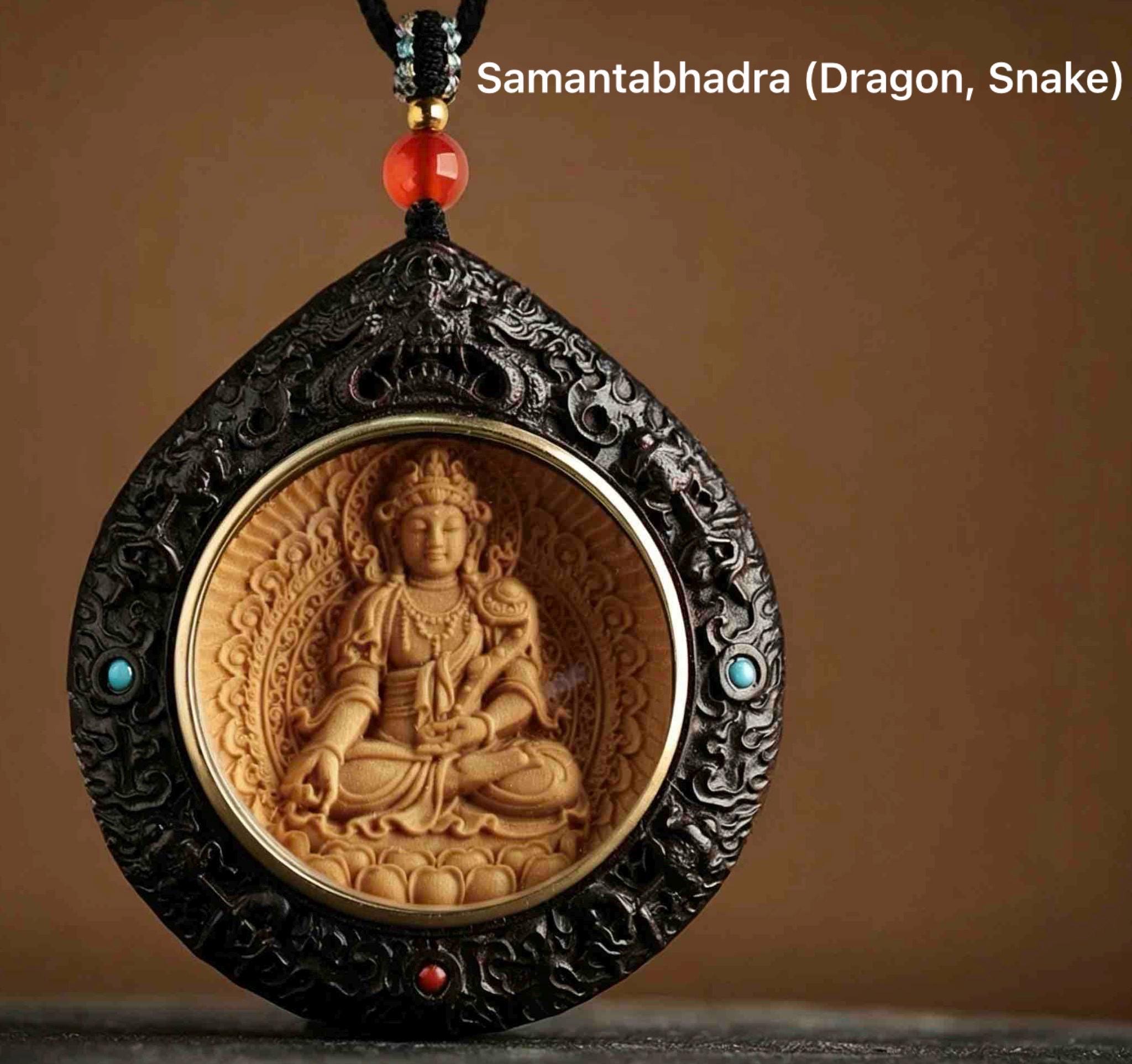 Rosewood Bodhisattva Pendant Necklace, Inlaid Boxwood Guardian Amulet, Red Agate Chinese Zodiac Protection Mascot, Spiritual Gift