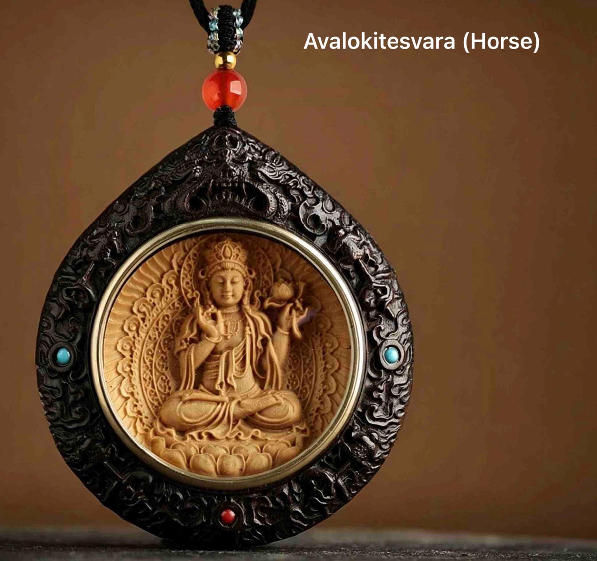 Rosewood Bodhisattva Pendant Necklace, Inlaid Boxwood Guardian Amulet, Red Agate Chinese Zodiac Protection Mascot, Spiritual Gift