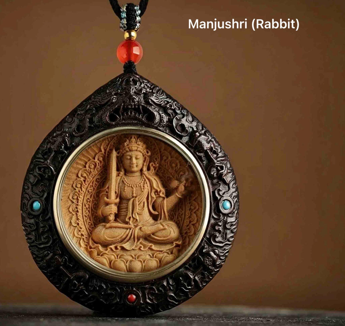 Rosewood Bodhisattva Pendant Necklace, Inlaid Boxwood Guardian Amulet, Red Agate Chinese Zodiac Protection Mascot, Spiritual Gift