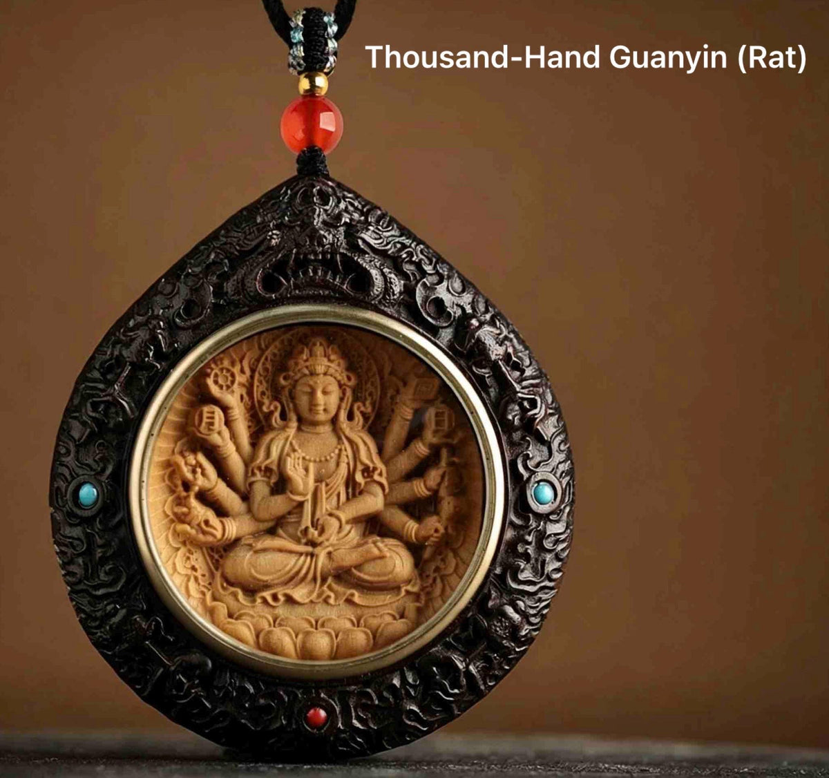 Rosewood Bodhisattva Pendant Necklace, Inlaid Boxwood Guardian Amulet, Red Agate Chinese Zodiac Protection Mascot, Spiritual Gift