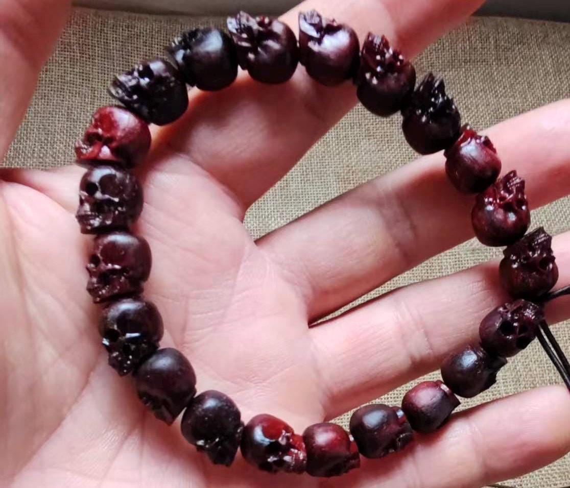 EverestArtStudios Natural Red Sandalwood Skull Mala Bracelet: Tibetan Buddhist Prayer