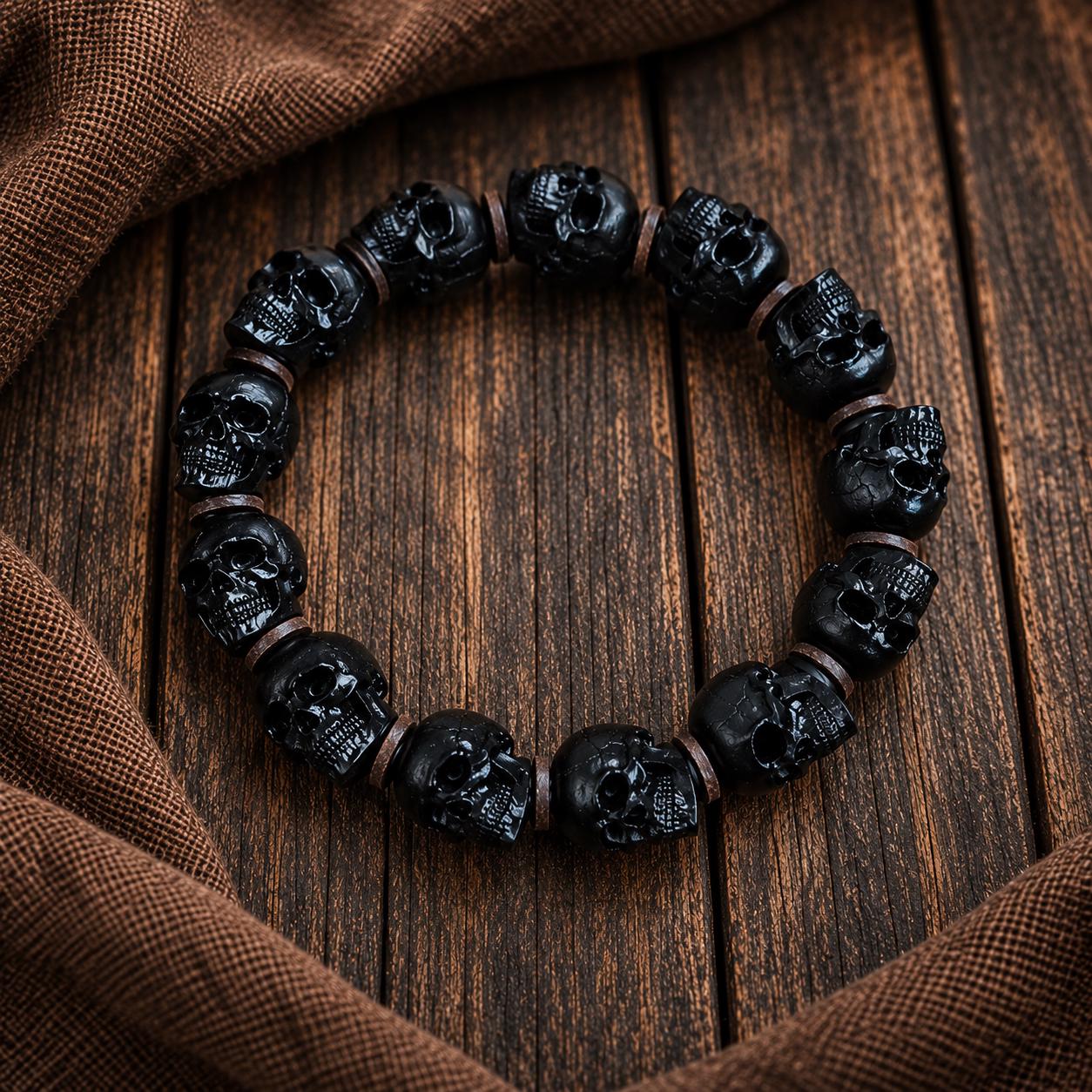 EverestArtStudios Tibetan Skull Bracelet – Hand-Carved Black Ox Horn & White Antler