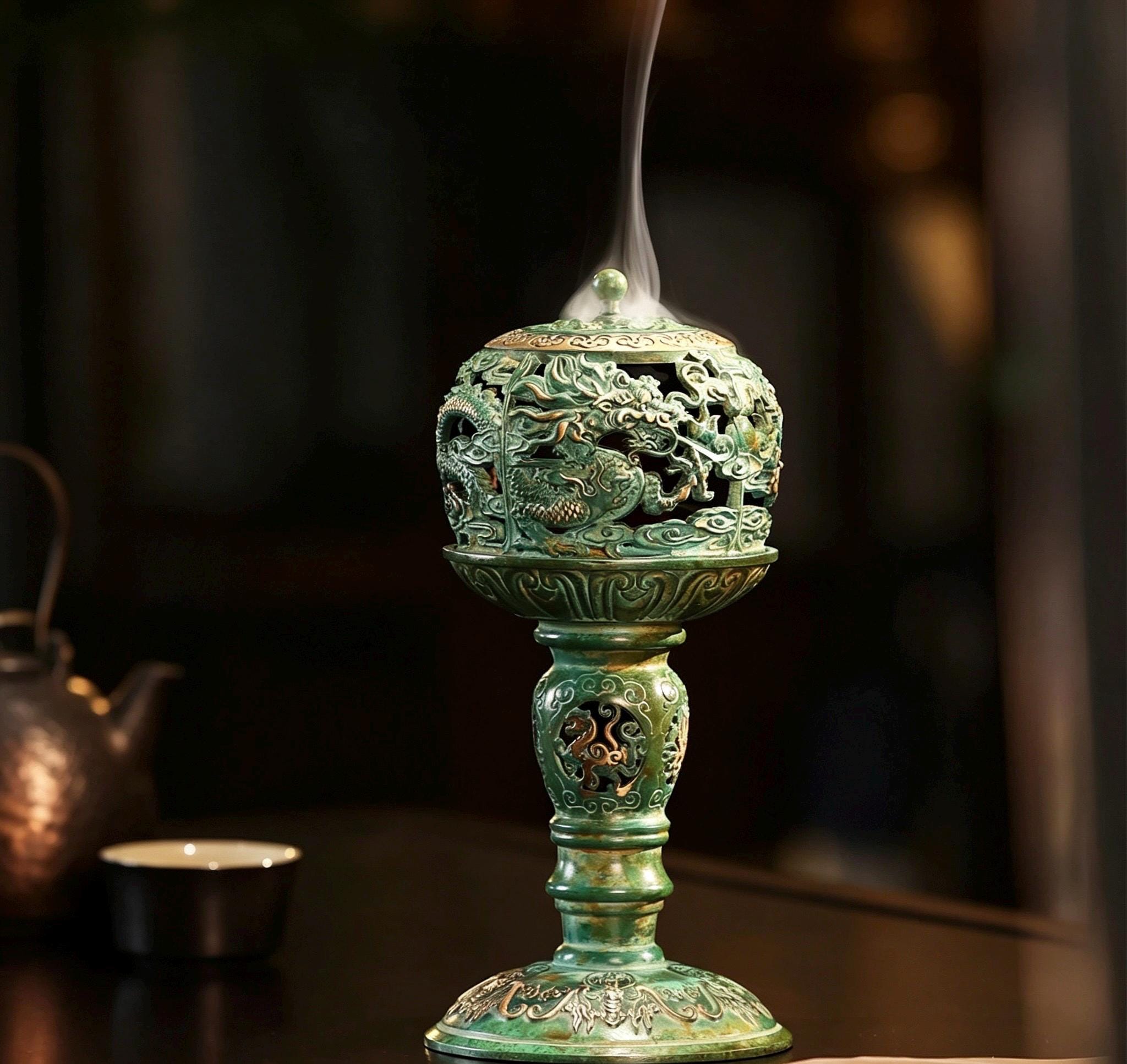 Brass Antique Green Incense Burner, Chinese Song Style Coil Cone Burner, Boshan Dragon Censer, Tea Room Sanctuary Meditation Gift