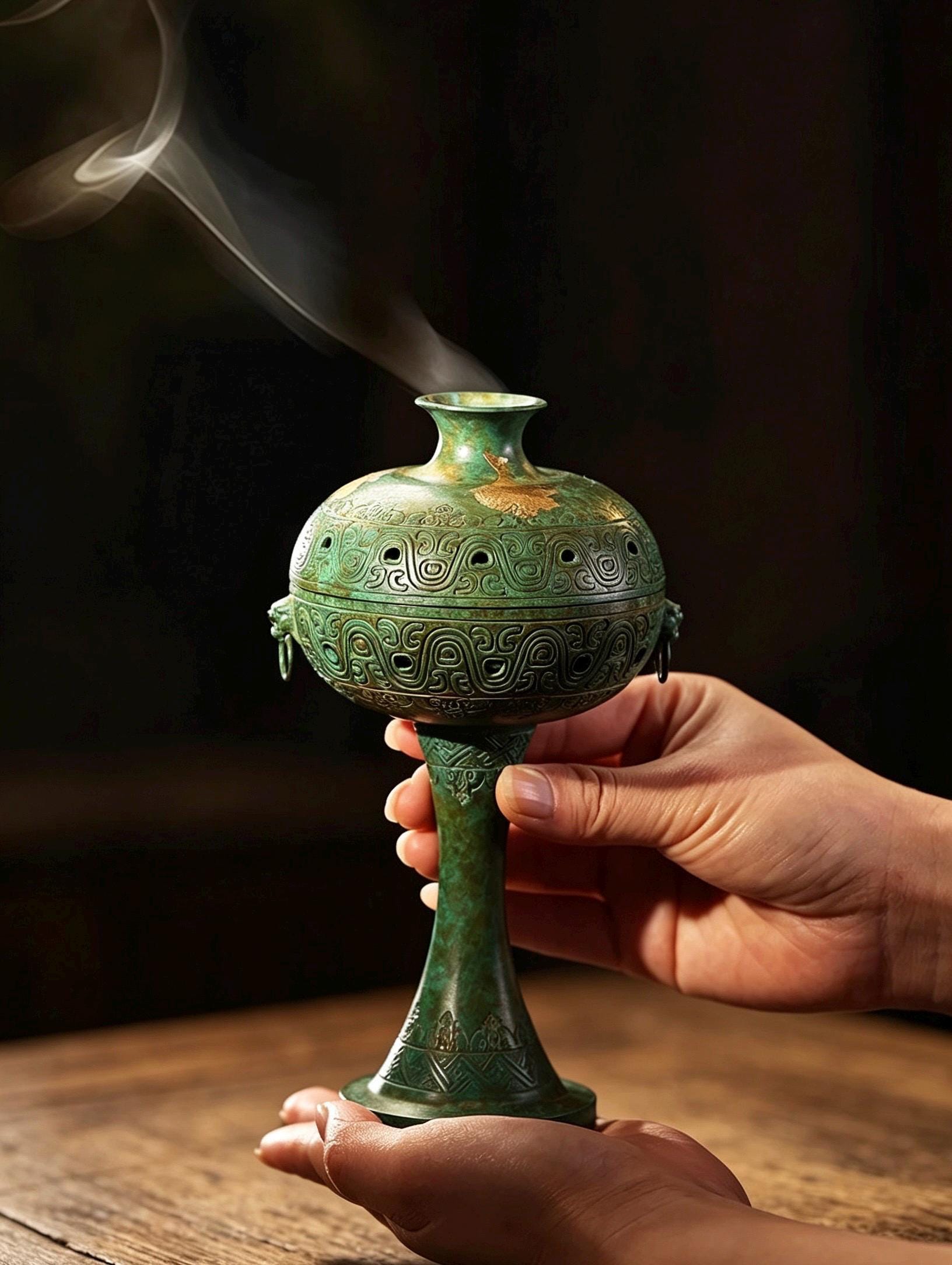 Brass Antique Green Incense Burner, Chinese Song Style Coil Cone Burner, Boshan Dragon Censer, Tea Room Sanctuary Meditation Gift