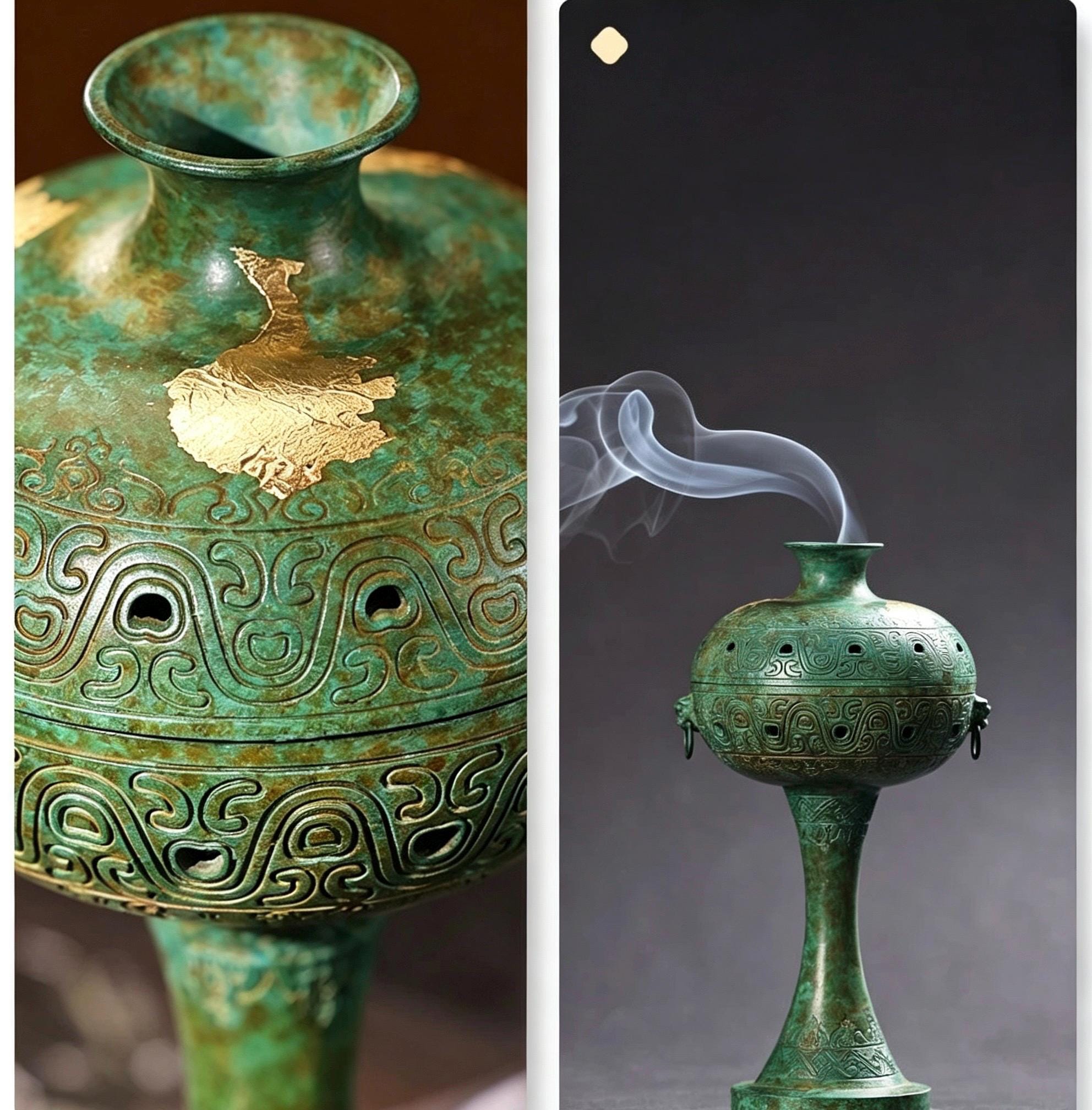 Brass Antique Green Incense Burner, Chinese Song Style Coil Cone Burner, Boshan Dragon Censer, Tea Room Sanctuary Meditation Gift