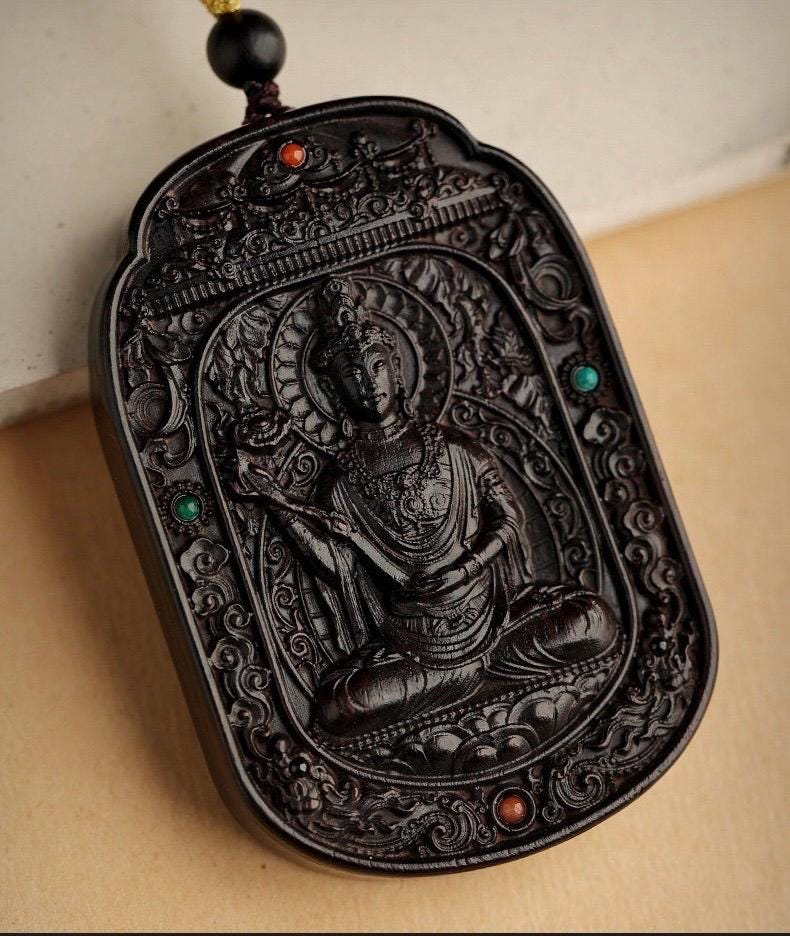 Ebony Wood Bodhisattva Pendant Necklace, Carved Ebony Amulet, Red Agate Chinese Zodiac Guardian Pendant, Spiritual Gift