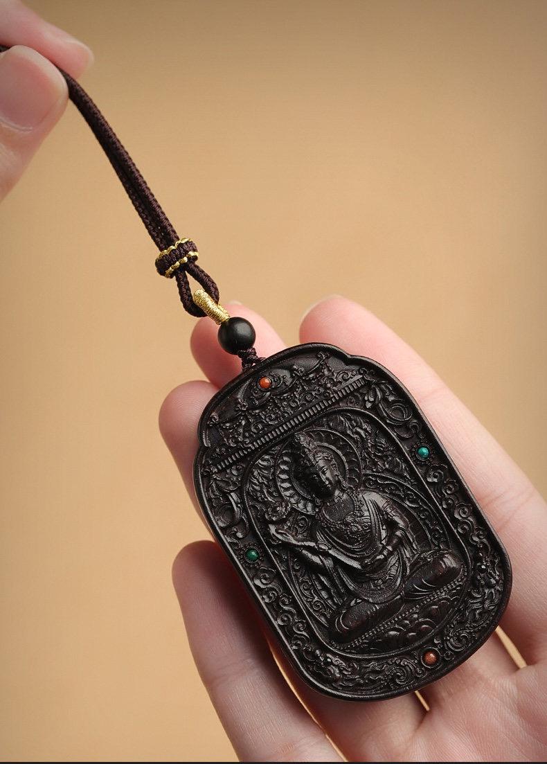 Ebony Wood Bodhisattva Pendant Necklace, Carved Ebony Amulet, Red Agate Chinese Zodiac Guardian Pendant, Spiritual Gift