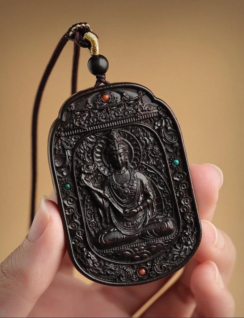 Ebony Wood Bodhisattva Pendant Necklace, Carved Ebony Amulet, Red Agate Chinese Zodiac Guardian Pendant, Spiritual Gift