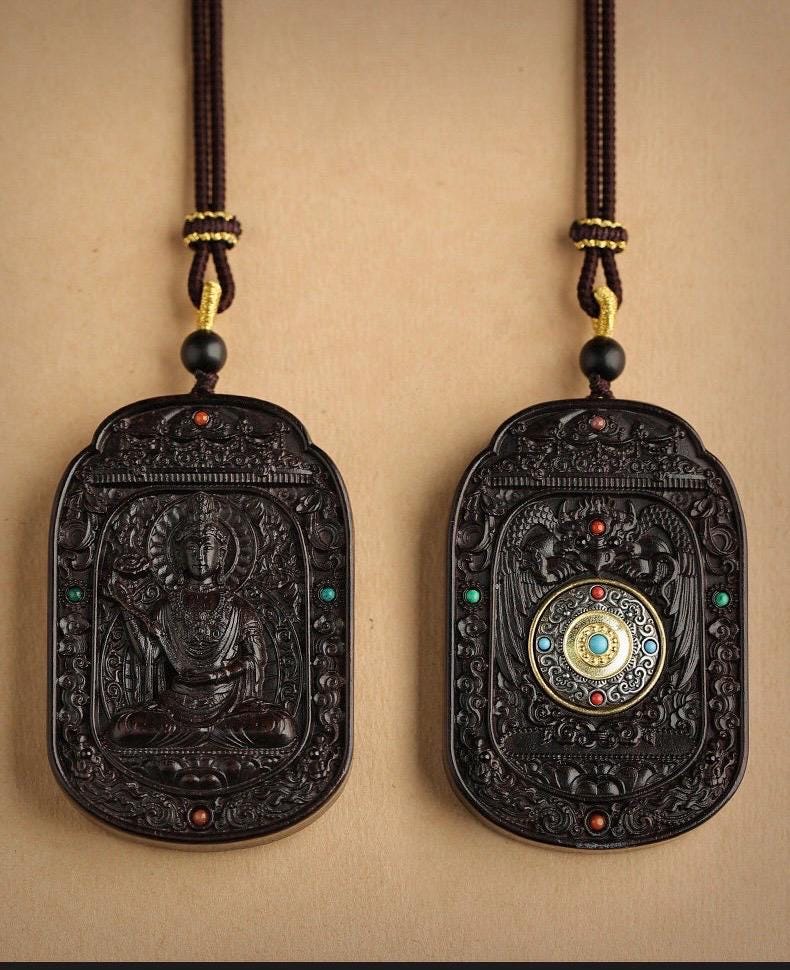 Ebony Wood Bodhisattva Pendant Necklace, Carved Ebony Amulet, Red Agate Chinese Zodiac Guardian Pendant, Spiritual Gift