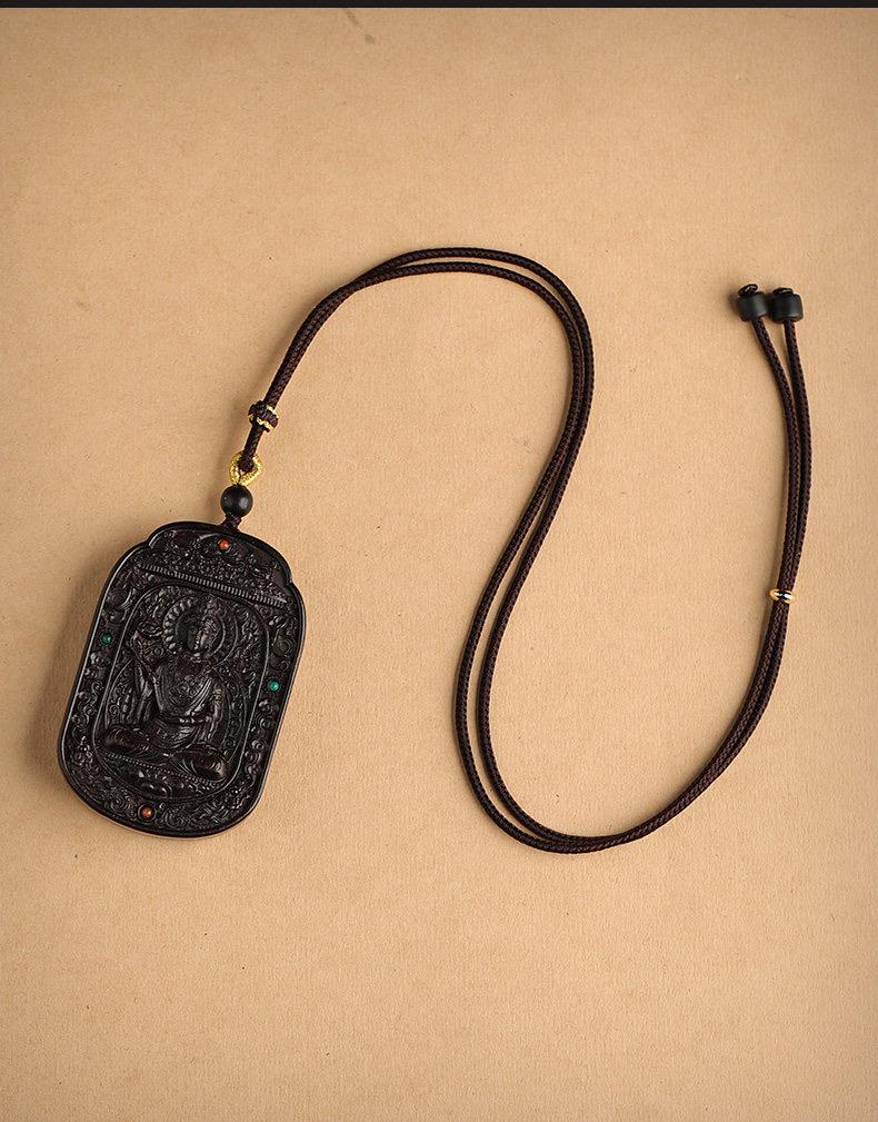 Ebony Wood Bodhisattva Pendant Necklace, Carved Ebony Amulet, Red Agate Chinese Zodiac Guardian Pendant, Spiritual Gift