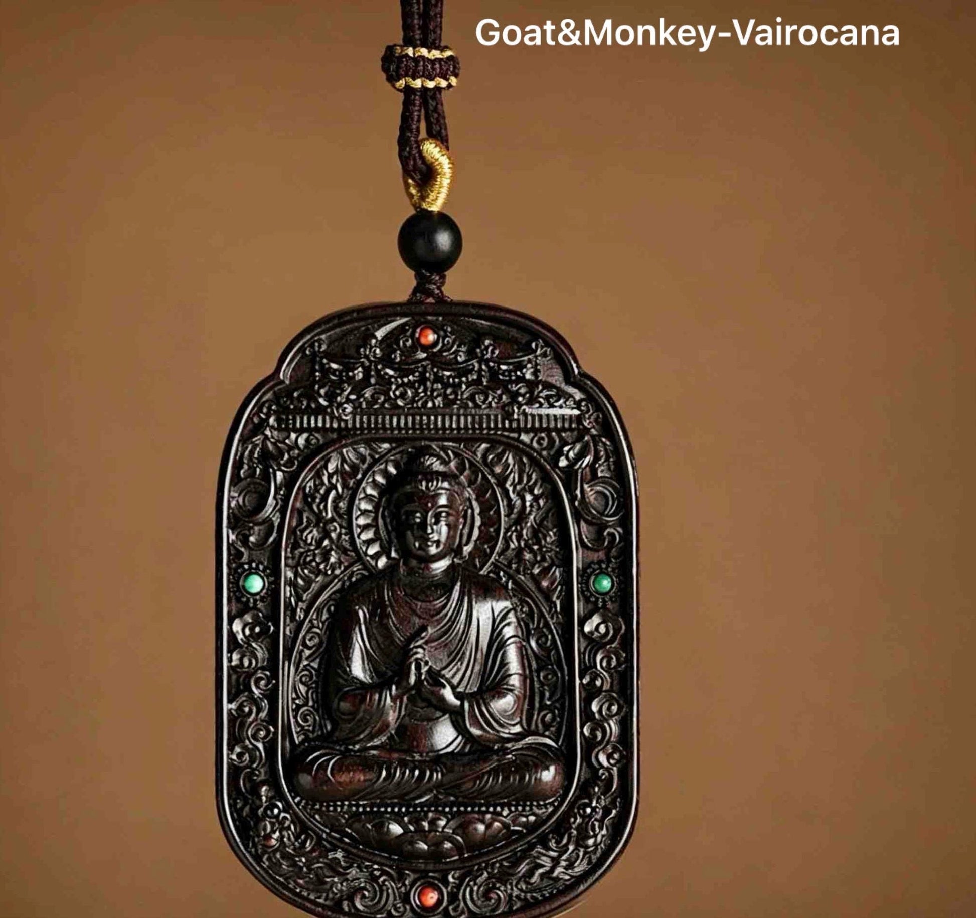 Ebony Wood Bodhisattva Pendant Necklace, Carved Ebony Amulet, Red Agate Chinese Zodiac Guardian Pendant, Spiritual Gift