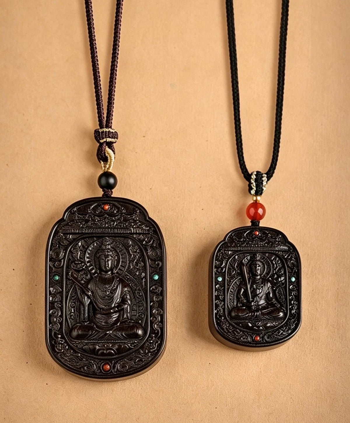 Ebony Wood Bodhisattva Pendant Necklace, Carved Ebony Amulet, Red Agate Chinese Zodiac Guardian Pendant, Spiritual Gift