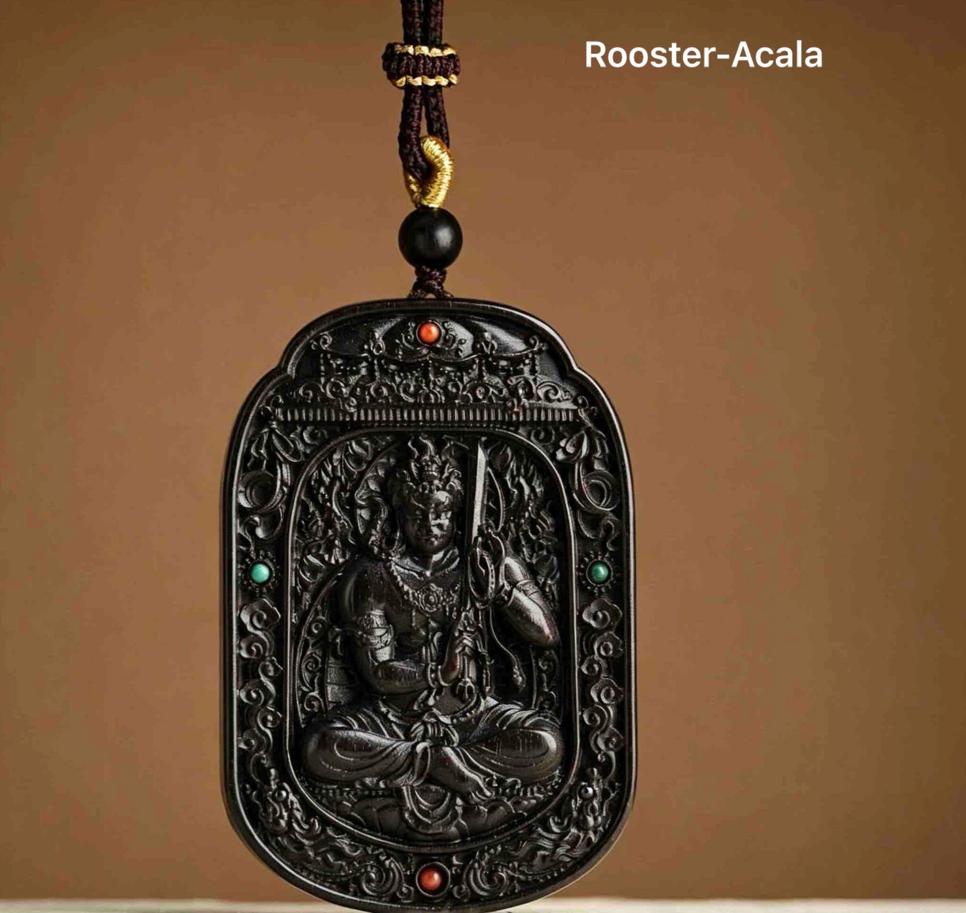 Ebony Wood Bodhisattva Pendant Necklace, Carved Ebony Amulet, Red Agate Chinese Zodiac Guardian Pendant, Spiritual Gift