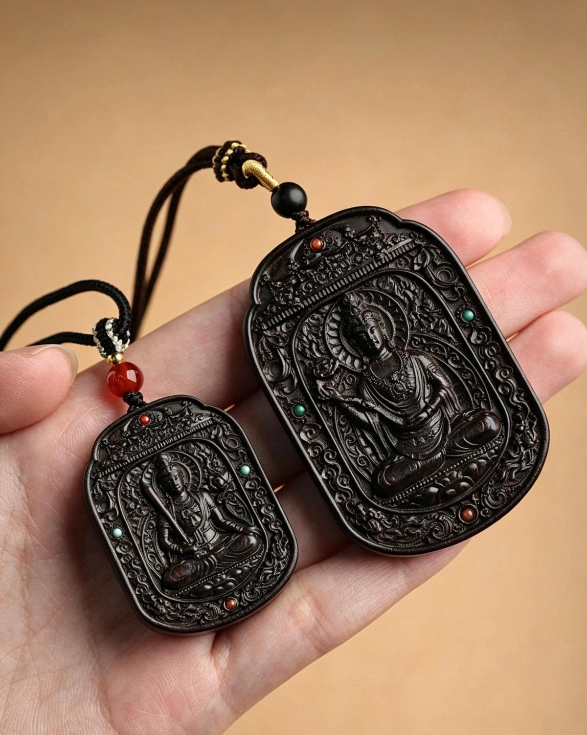 Ebony Wood Bodhisattva Pendant Necklace, Carved Ebony Amulet, Red Agate Chinese Zodiac Guardian Pendant, Spiritual Gift