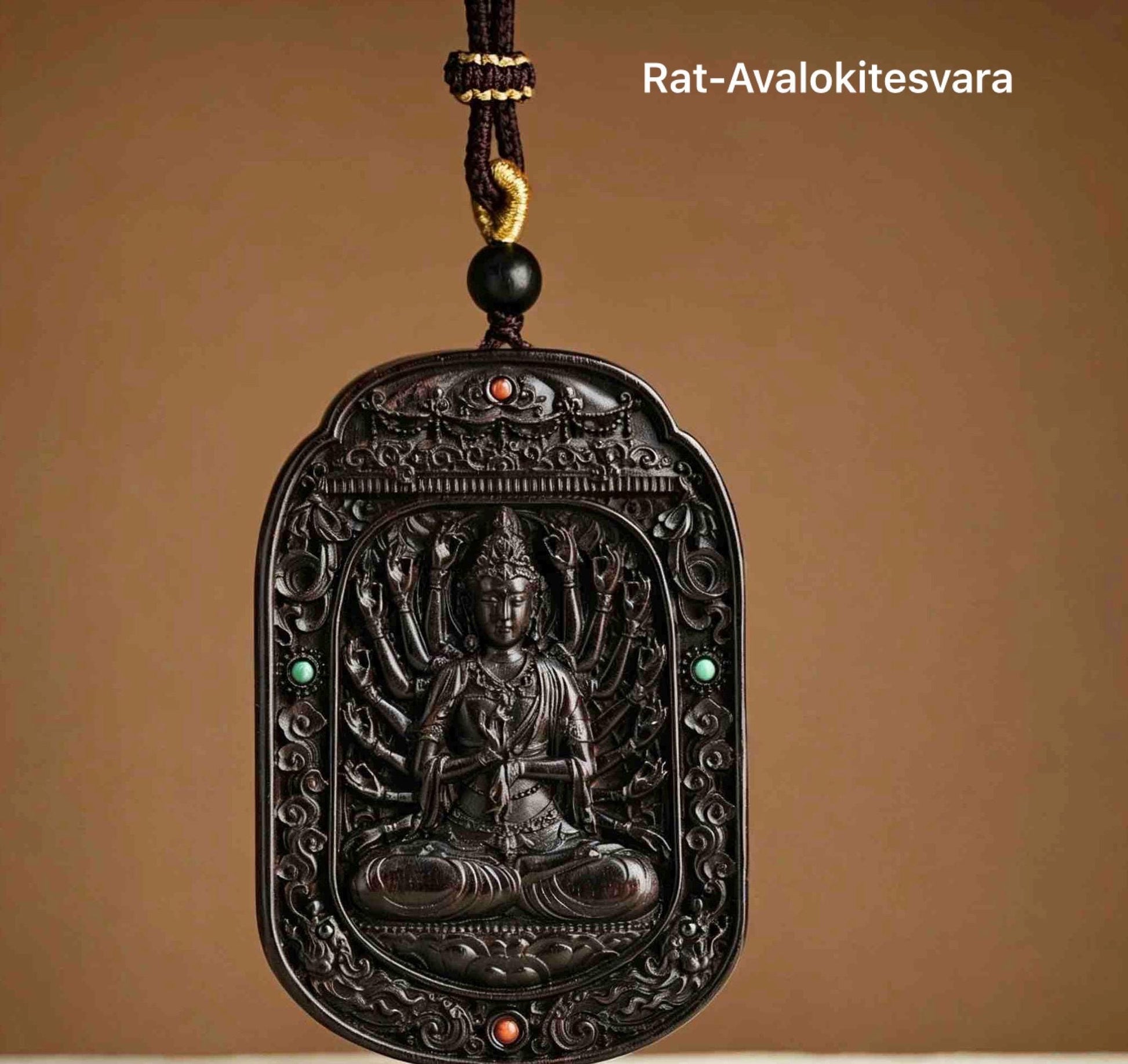 Ebony Wood Bodhisattva Pendant Necklace, Carved Ebony Amulet, Red Agate Chinese Zodiac Guardian Pendant, Spiritual Gift