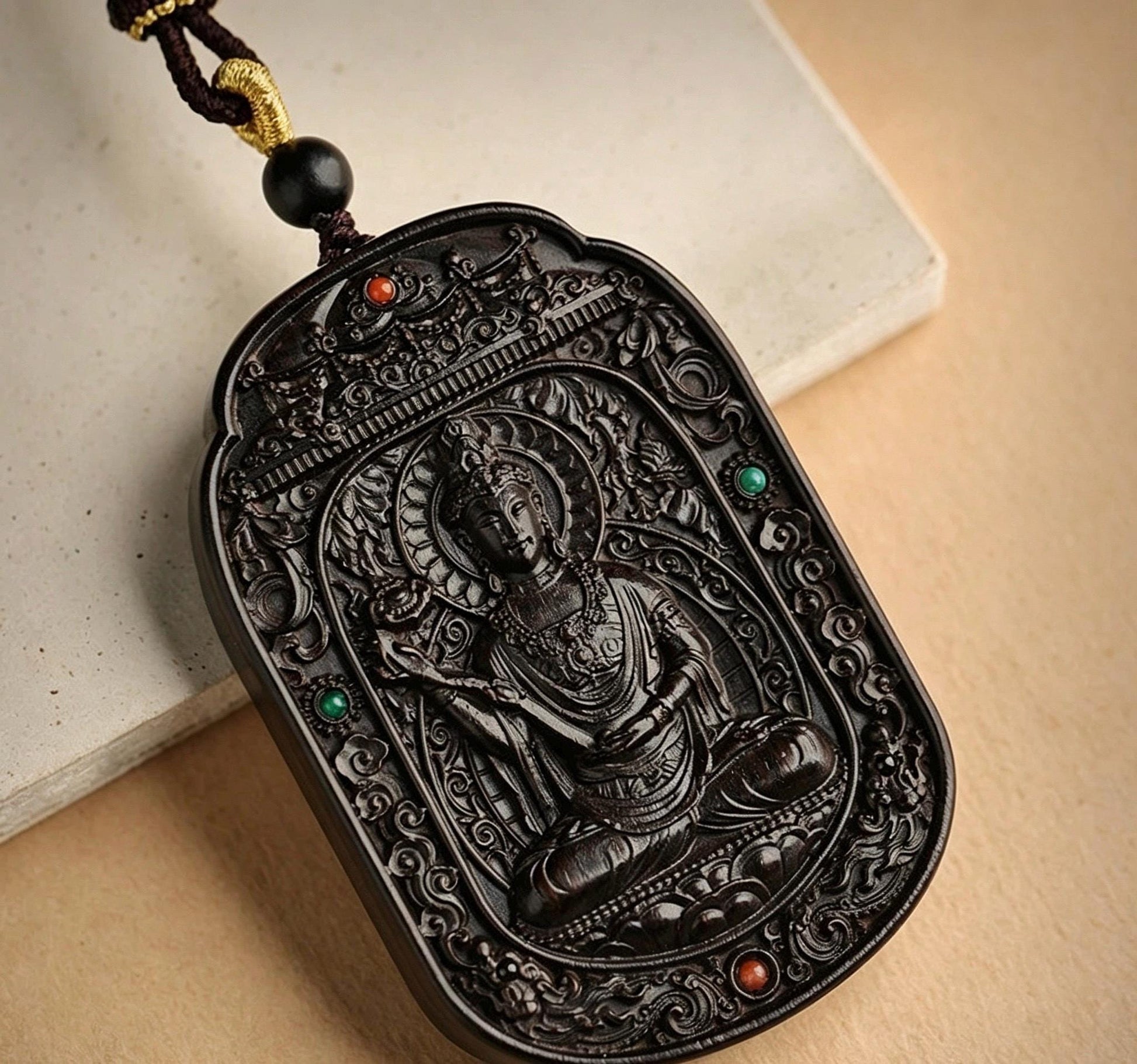 Ebony Wood Bodhisattva Pendant Necklace, Carved Ebony Amulet, Red Agate Chinese Zodiac Guardian Pendant, Spiritual Gift