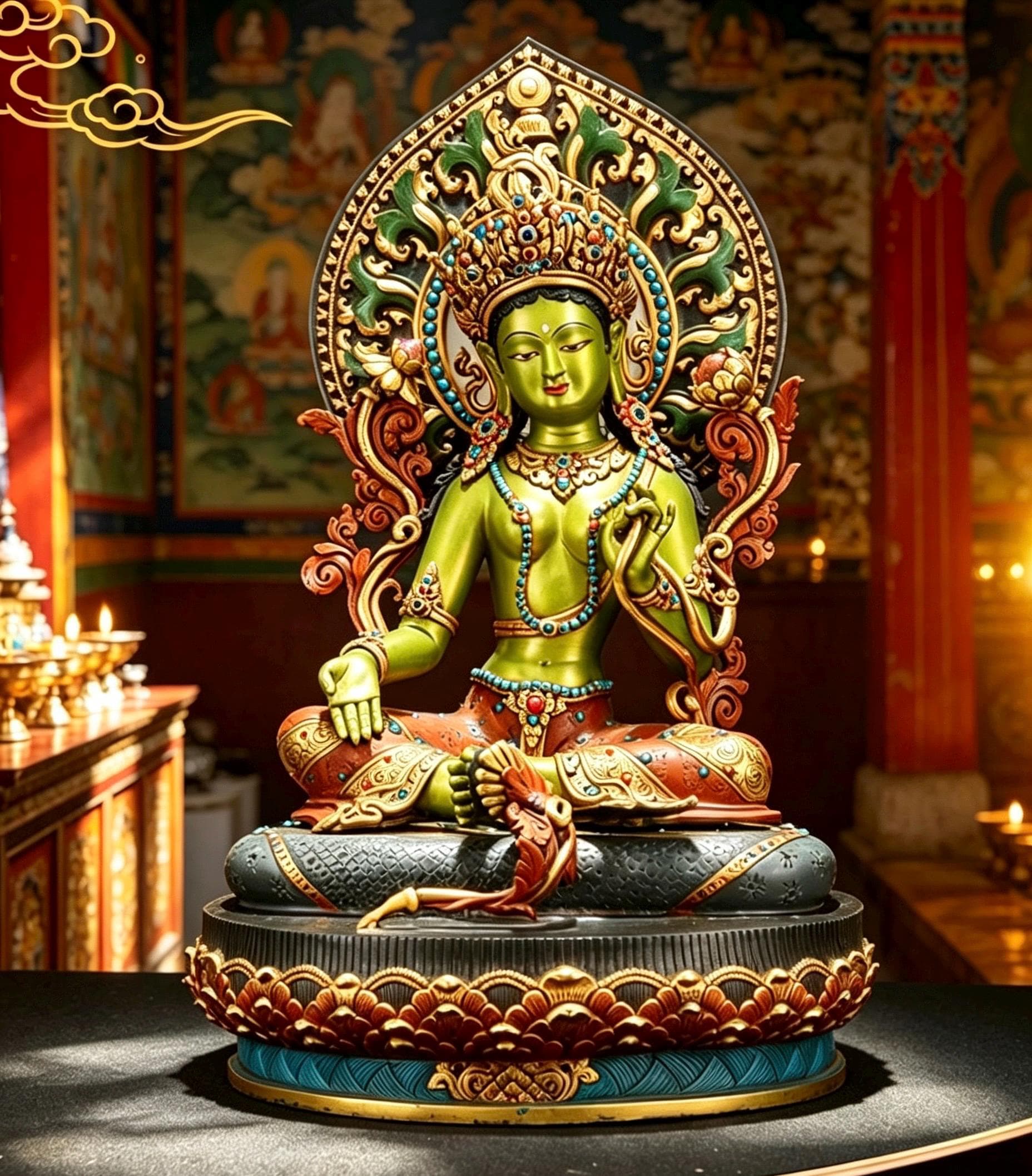 Handpainted Green Tara Copper Statue 17.3", Nepalese Brass Goddess Figurine, Tibetan Buddhist Altar Statue, Home Decor Gift