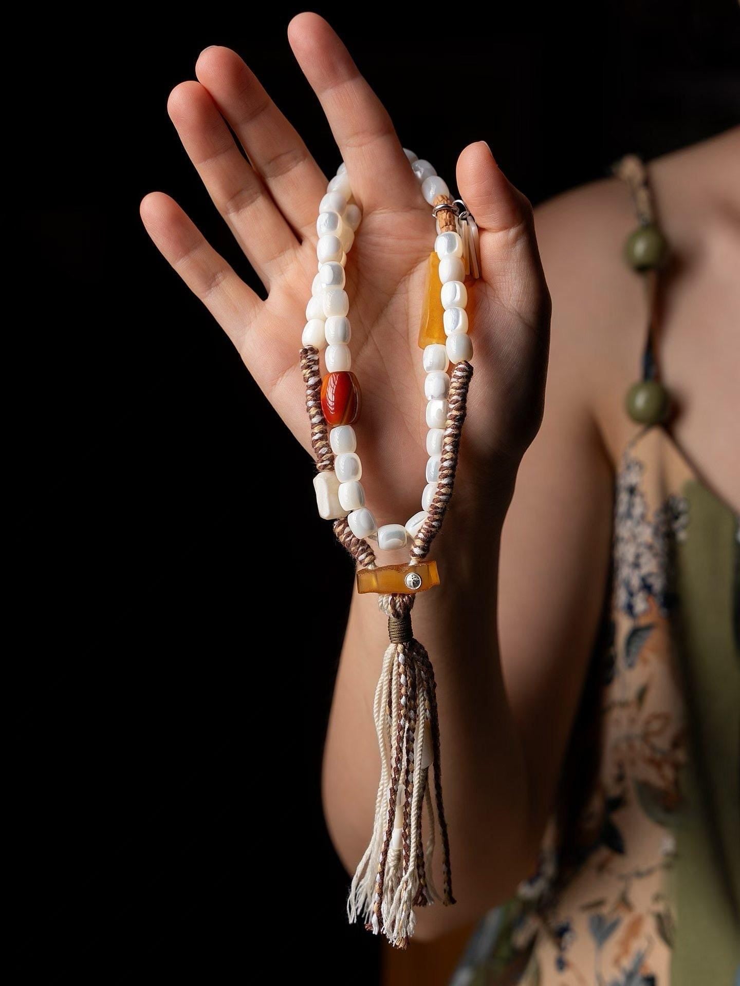 EverestArtStudios Vintage Tibetan White Mother of Pearl Raw Amber Wrap Bracelet, Agate Tassel Bracelet, 3 Wrap Unisex Boho Jewelry