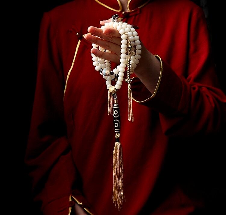 Original Tibetan White Bodhi Seed 108 Mala Beads Necklace, Natural Bodhi Root Rosary Bracelet with Dzi Bead, Zen Meditation Gift